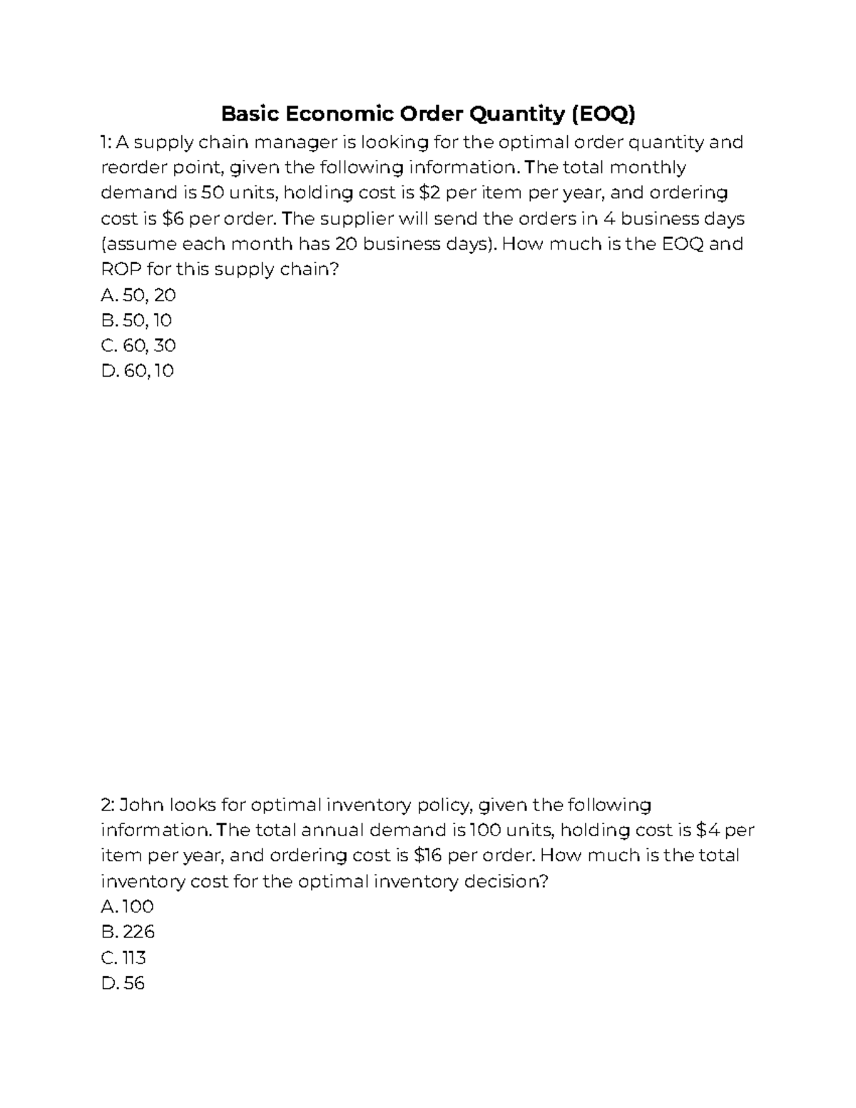 OM 101: Final Exam Exercises on EOQ, Inventory Policies, and ...