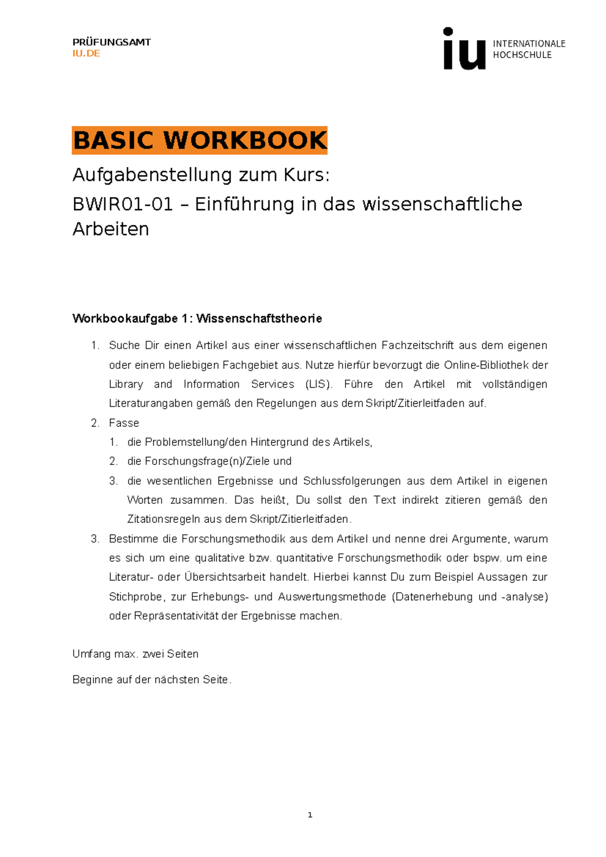 Aufgabenstellung Basic Workbook BWIR01-01 - IU BASIC WORKBOOK ...