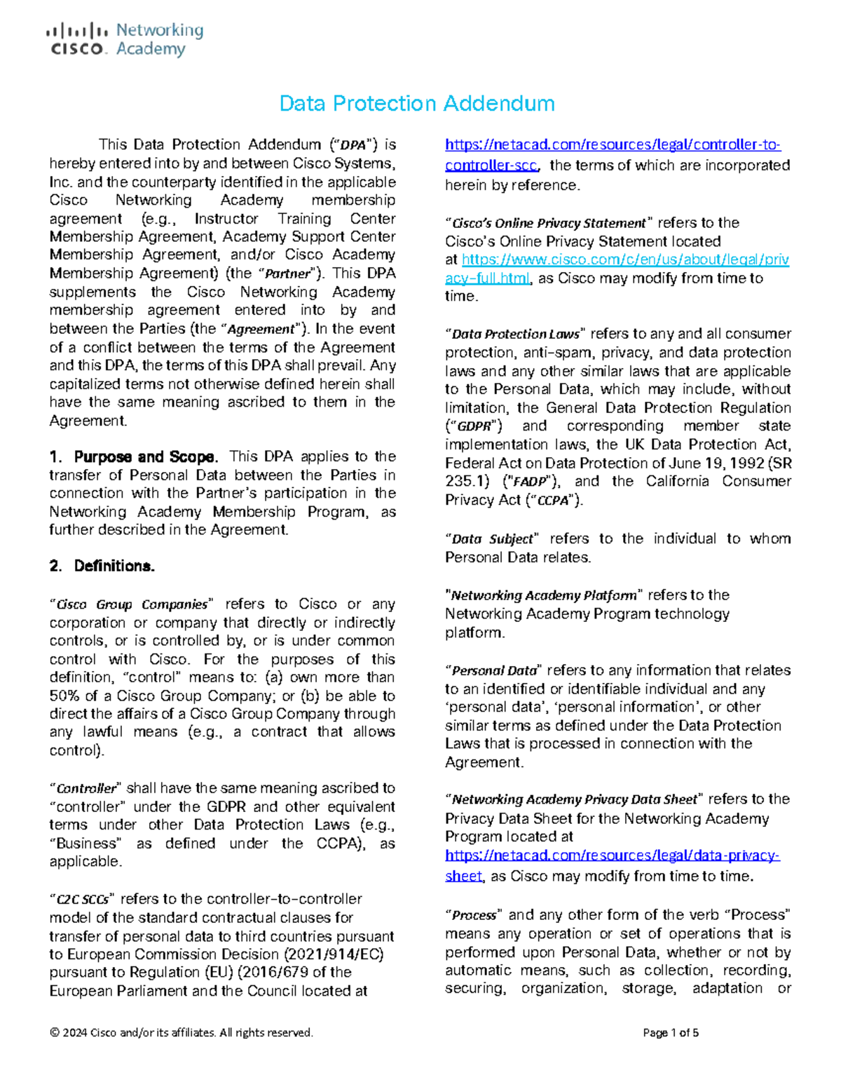 Data Protection Addendum for Cisco Networking Academy 2024 - Studocu