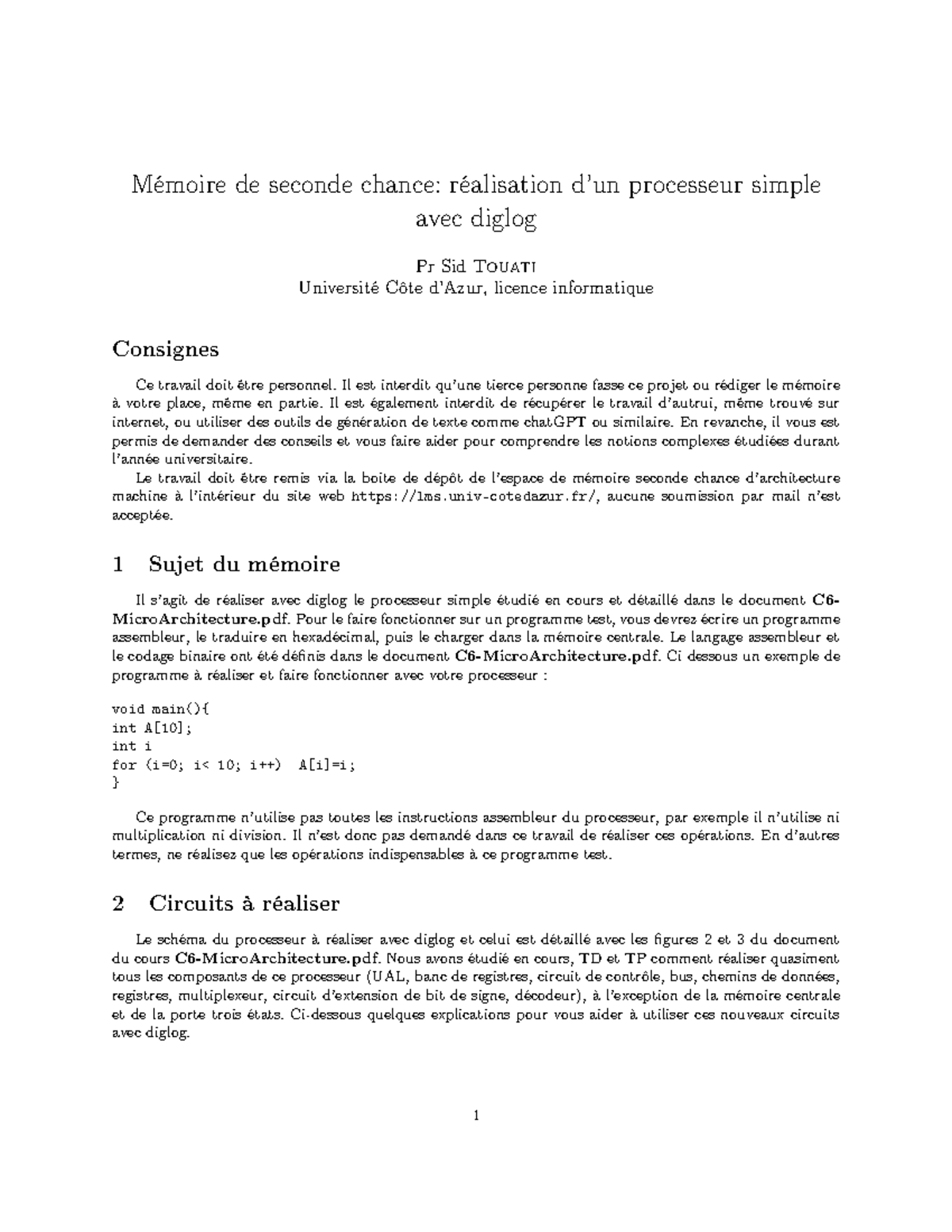 Mémoire Seconde Chance: Réalisation d'un Processeur Simple avec Diglog ...