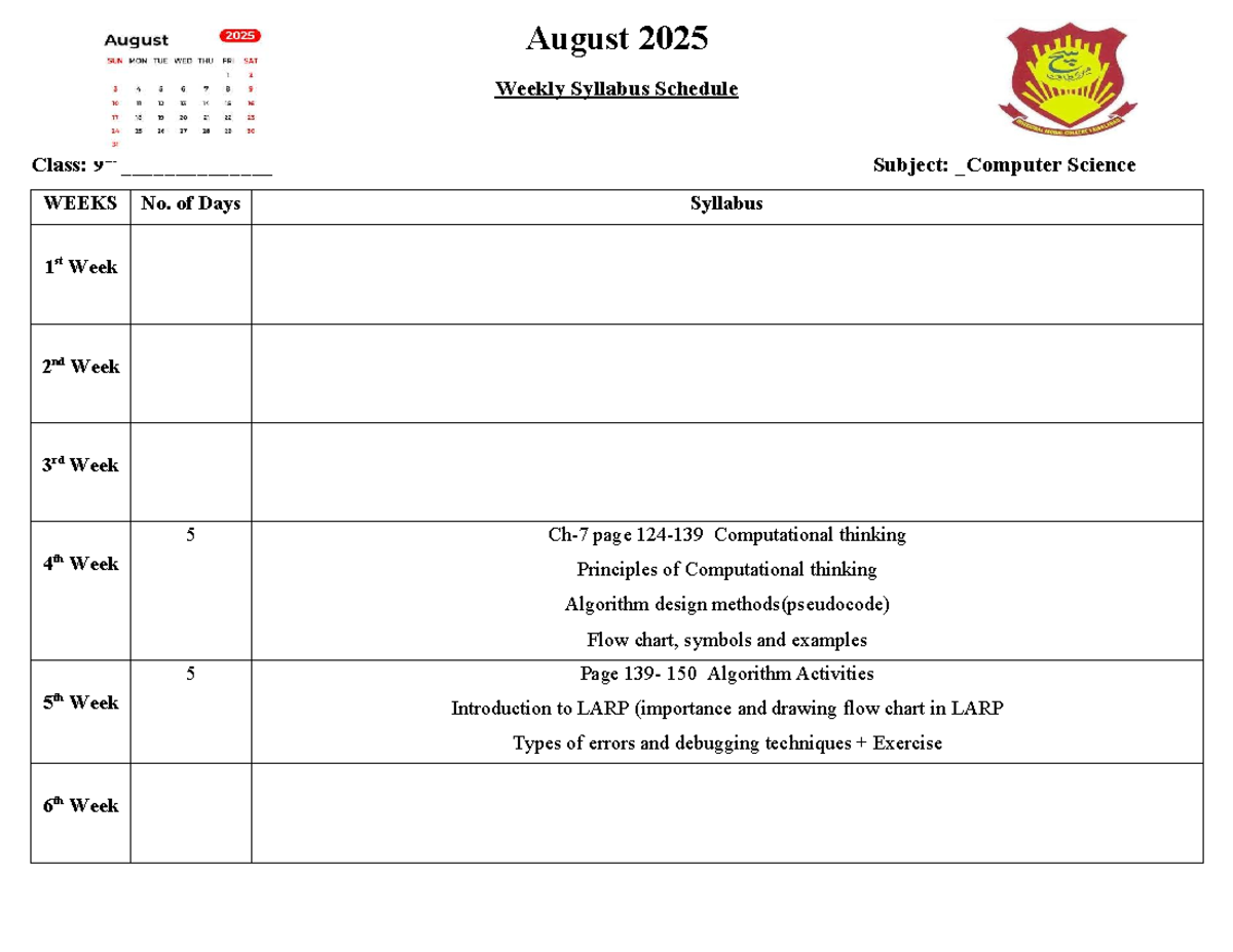 9th CS Weekly Syllabus: Aug-Dec 2025 & Feb 2026 Overview - Studocu