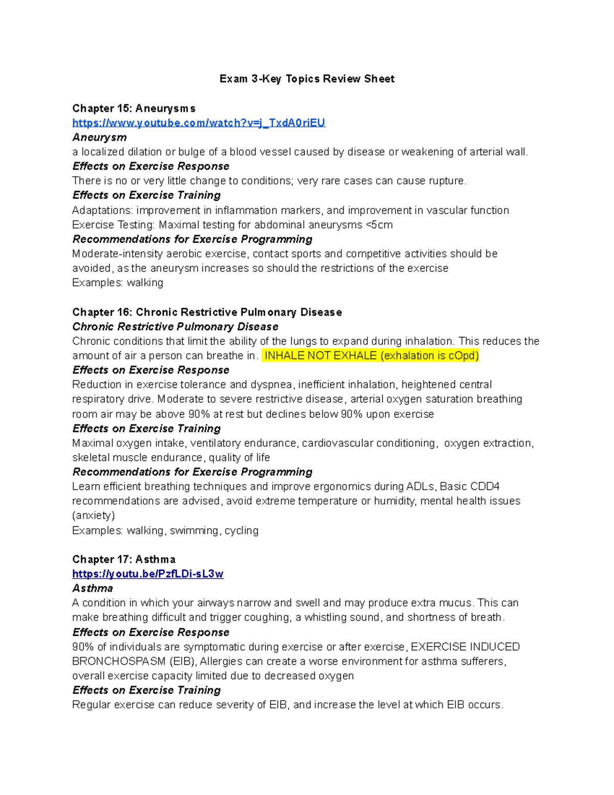 Exam 3 - Key Topics Review Sheet for Exercise Responses & Training ...