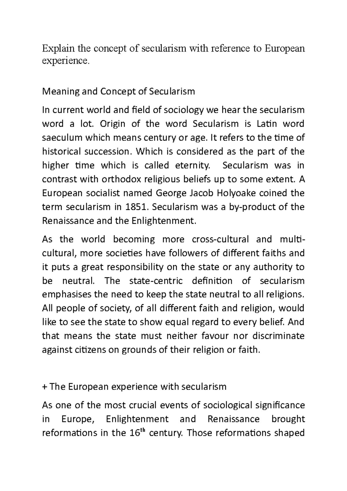 3 - Secularism: European Experience in Social Contexts - Studocu