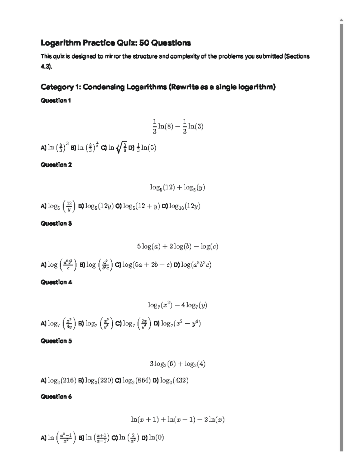 Logarithm Practice Quiz: 50 Questions - Studocu