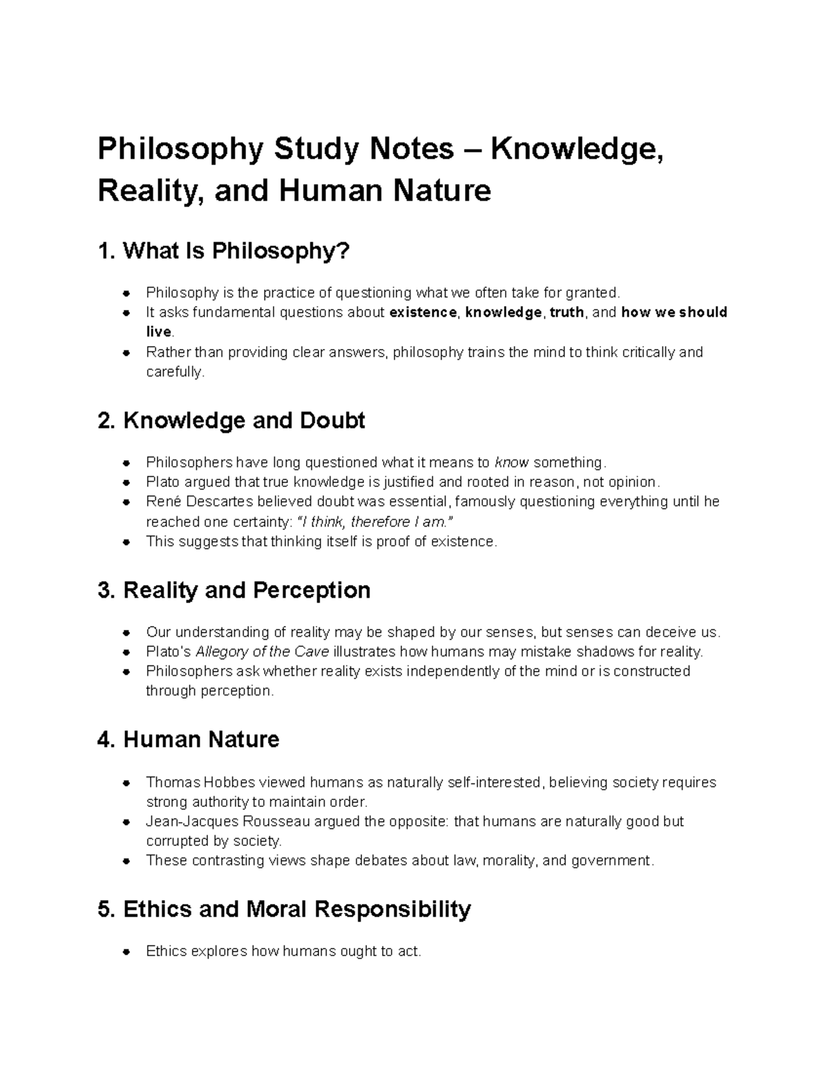 Philosophy Study Notes: Knowledge, Reality, & Human Nature (SD) - Studocu