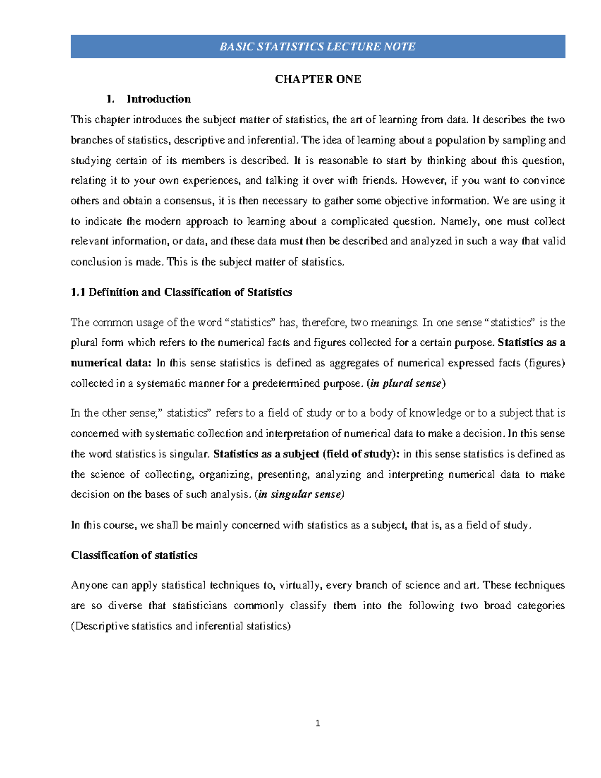 BASIC STATISTICS LECTURE NOTES: CHAPTER 1-4 OVERVIEW AND METHODS - Studocu