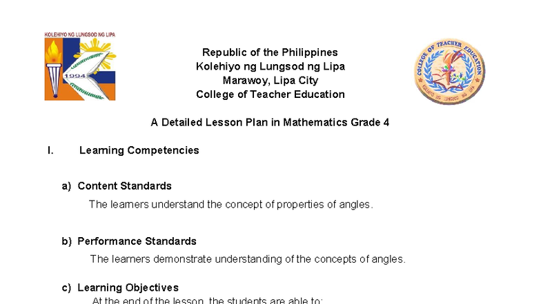 Detailed Lesson Plan in Mathematics for Grade 4: Kinds of Angles - Studocu