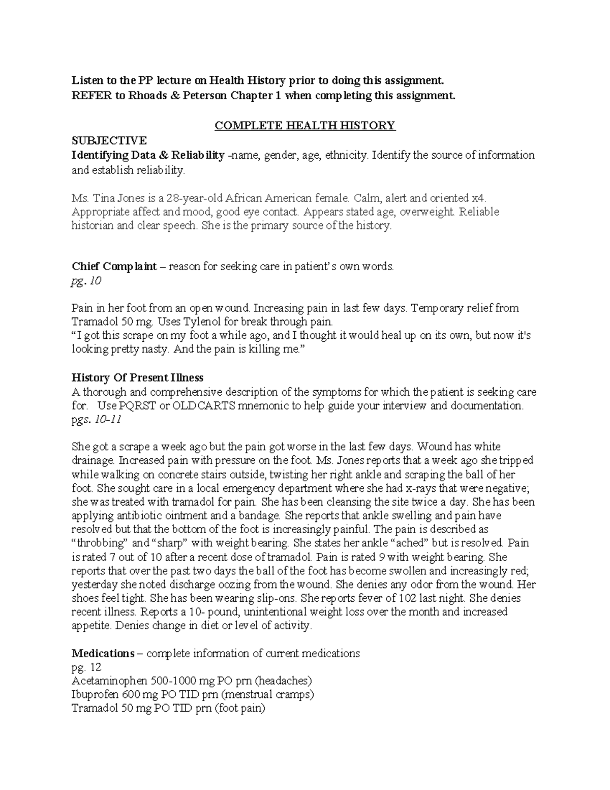 Health History Assignment: Subjective Data for Ms. Tina Jones - Studocu