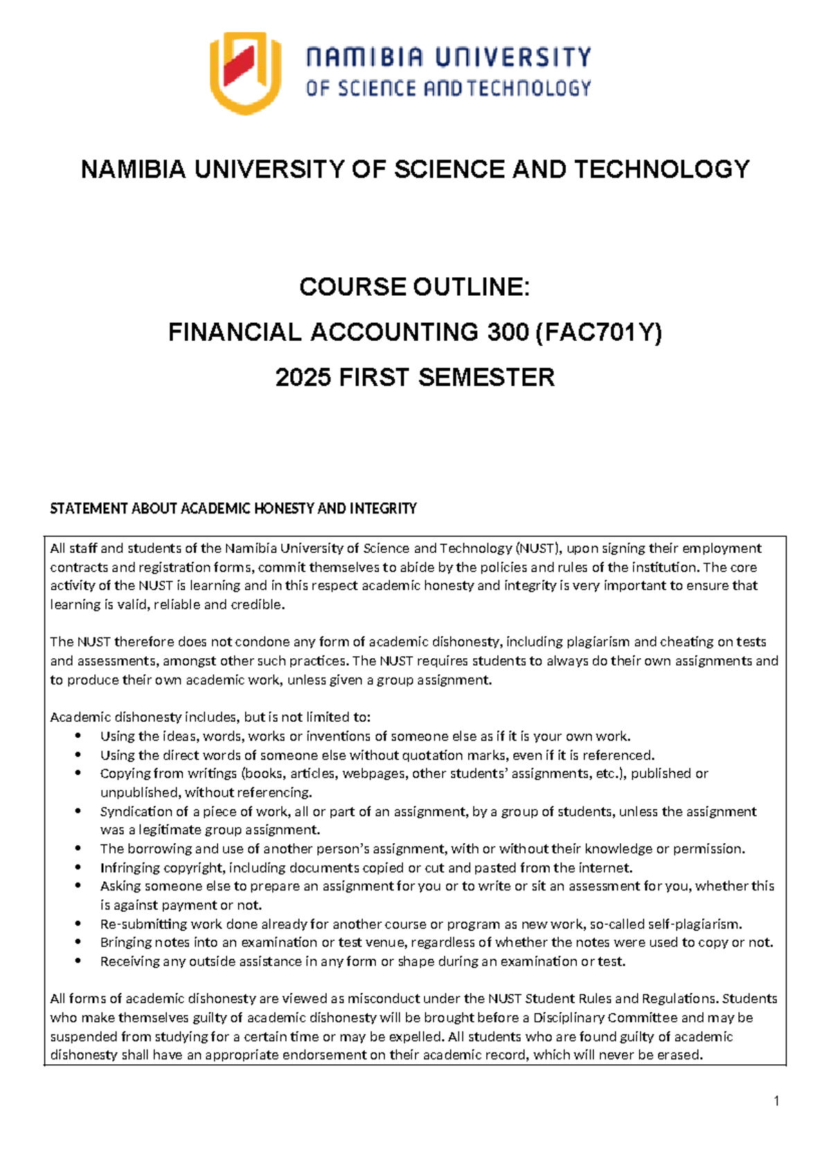FAC701Y - Financial Accounting 300 Course Outline for 2025 Semester 1 ...