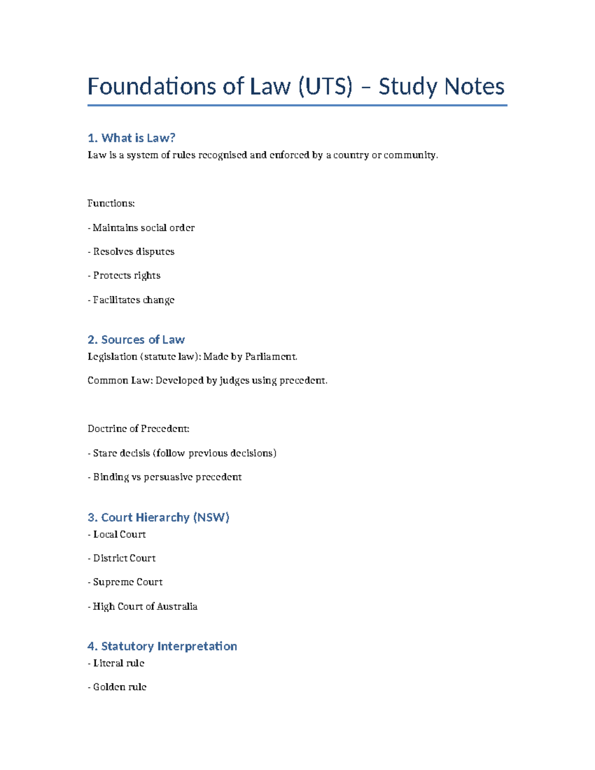 Foundations of Law (UTS) Study Notes: Key Concepts & Principles - Studocu