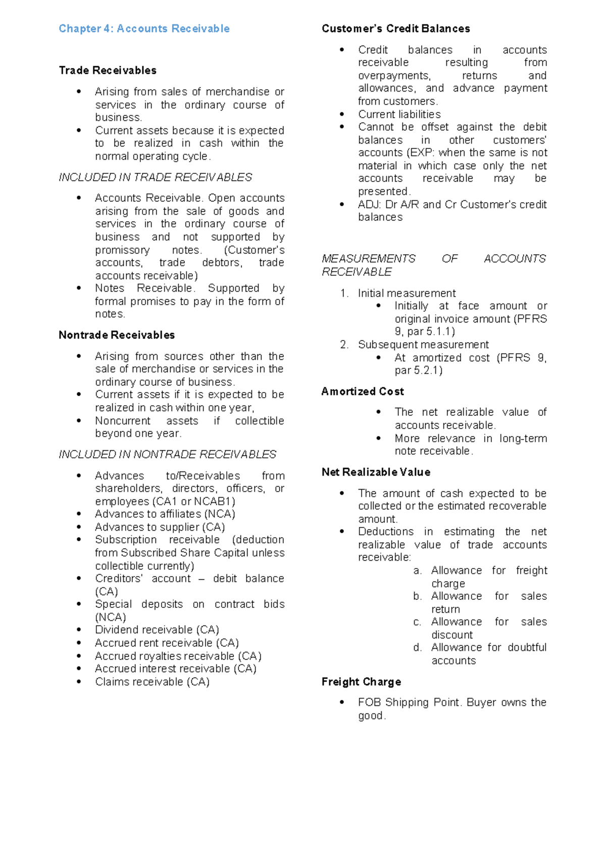 Intacc 1 Midterm Reviewer: Chapter 4 on Receivables and Balances - Studocu
