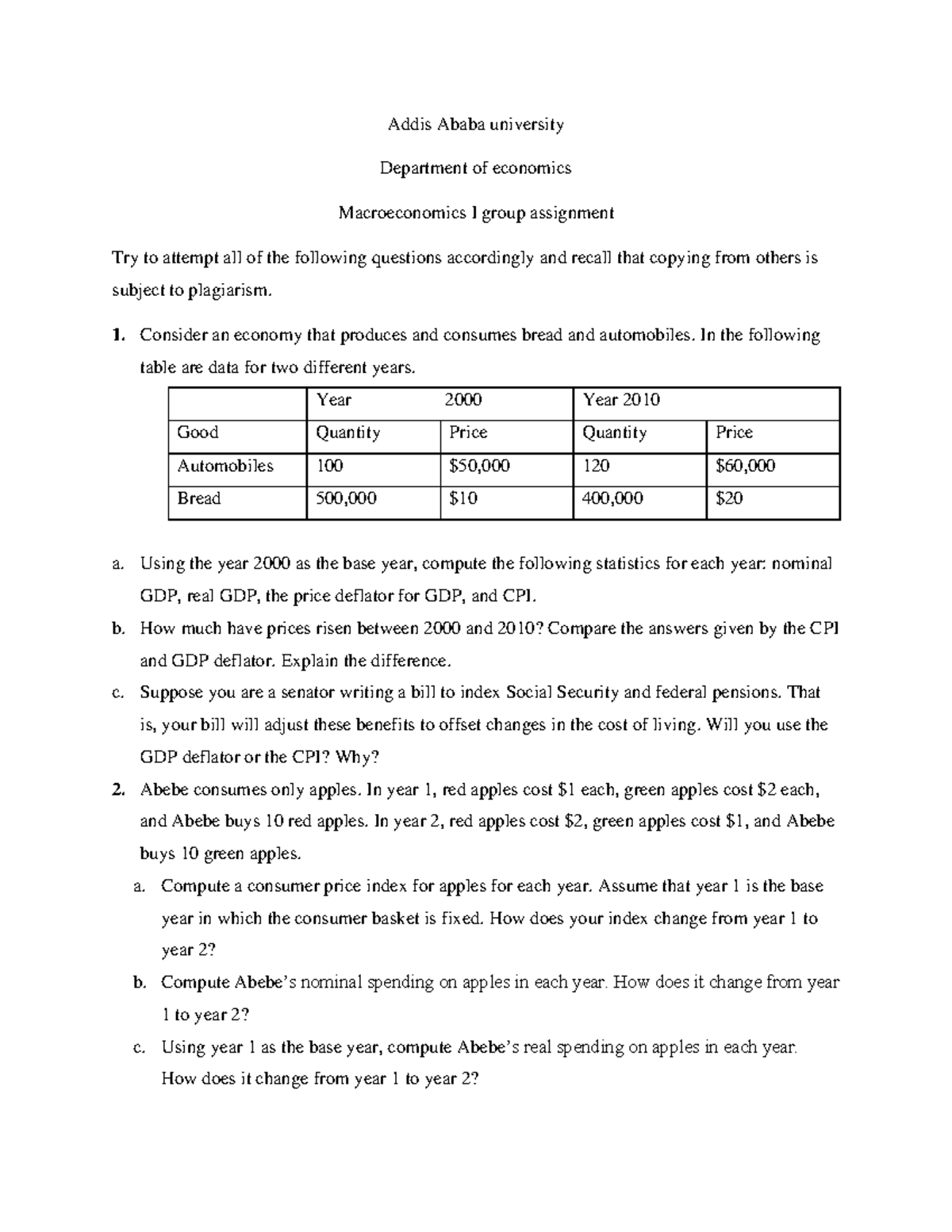 Macroeconomics I Group Assignment - Analysis & Computation of GDP and ...