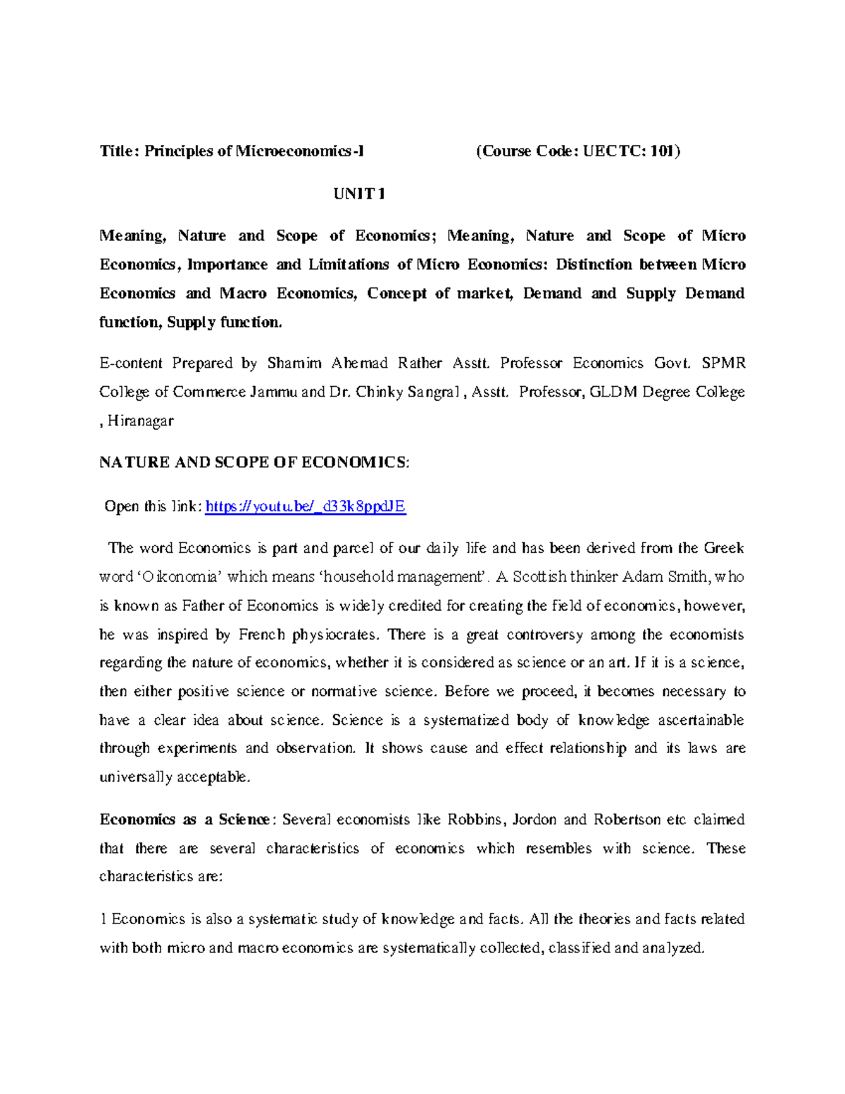 Principles of Microeconomics (UECTC: 101) - Unit 1 Overview and Key ...