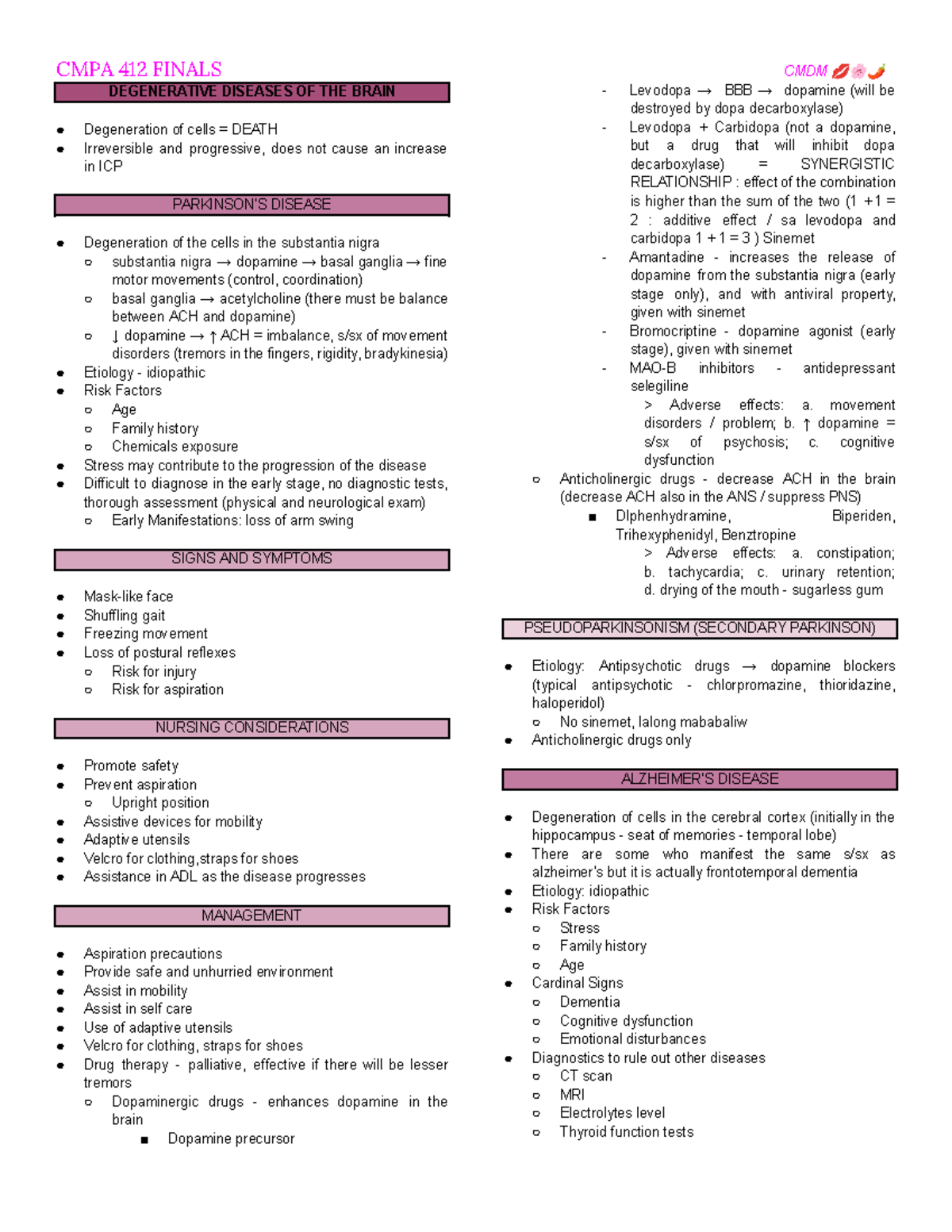 CMPA 412 Final Exam Notes on Neurodegenerative Diseases and Special ...