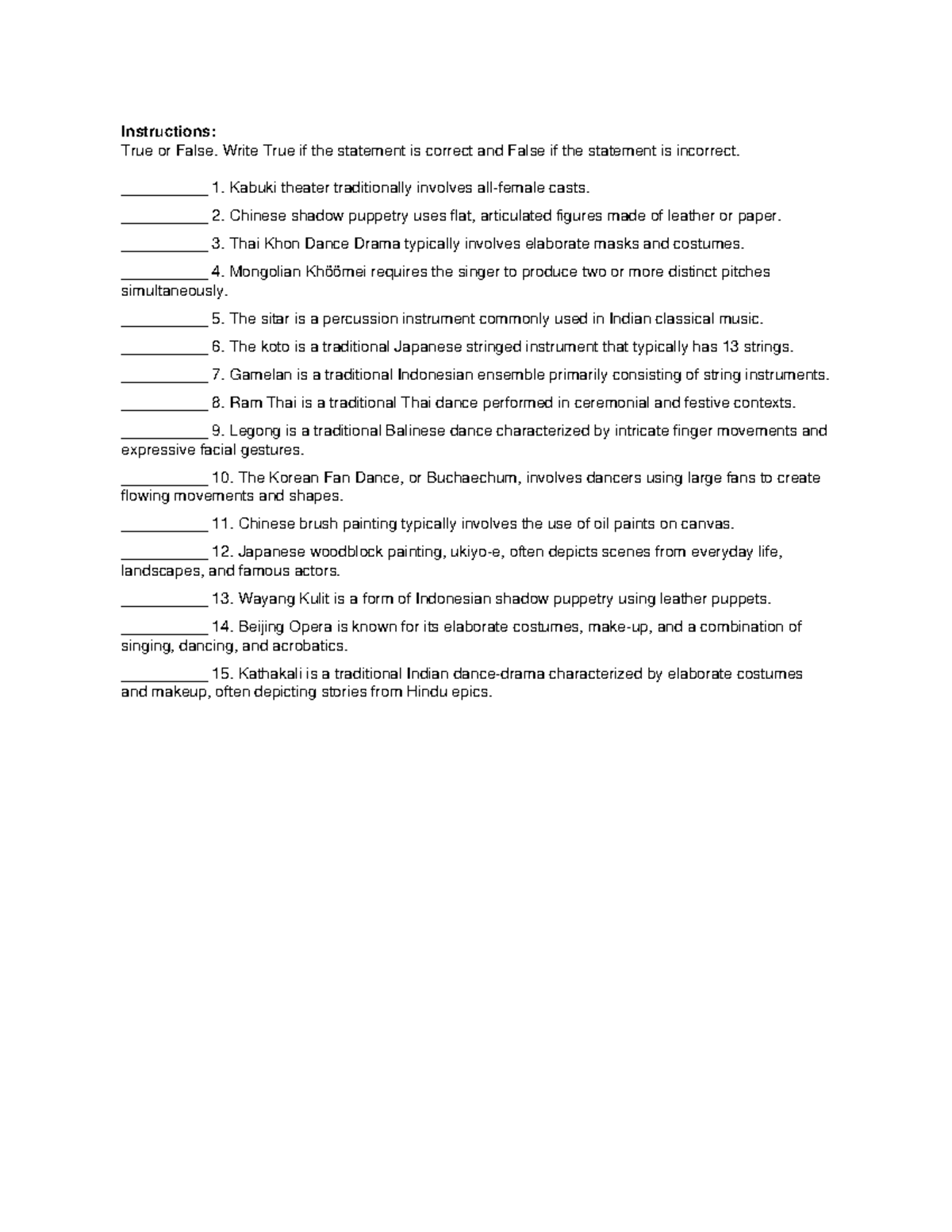True or False Worksheet: Cultural Arts Quiz - Studocu