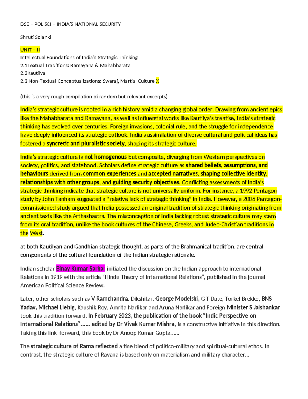 DSE – POL SCI – UNIT II: Indian Strategic Thought & Its Intellectual ...