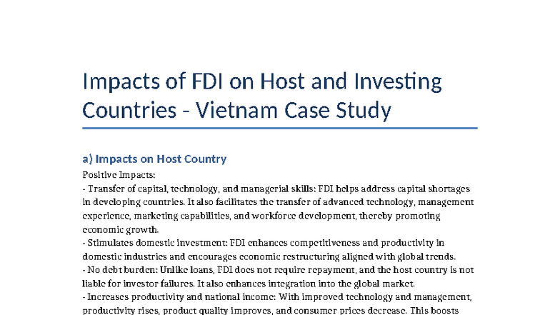 Impacts of FDI on Host and Investing Countries: Vietnam Case Study ...