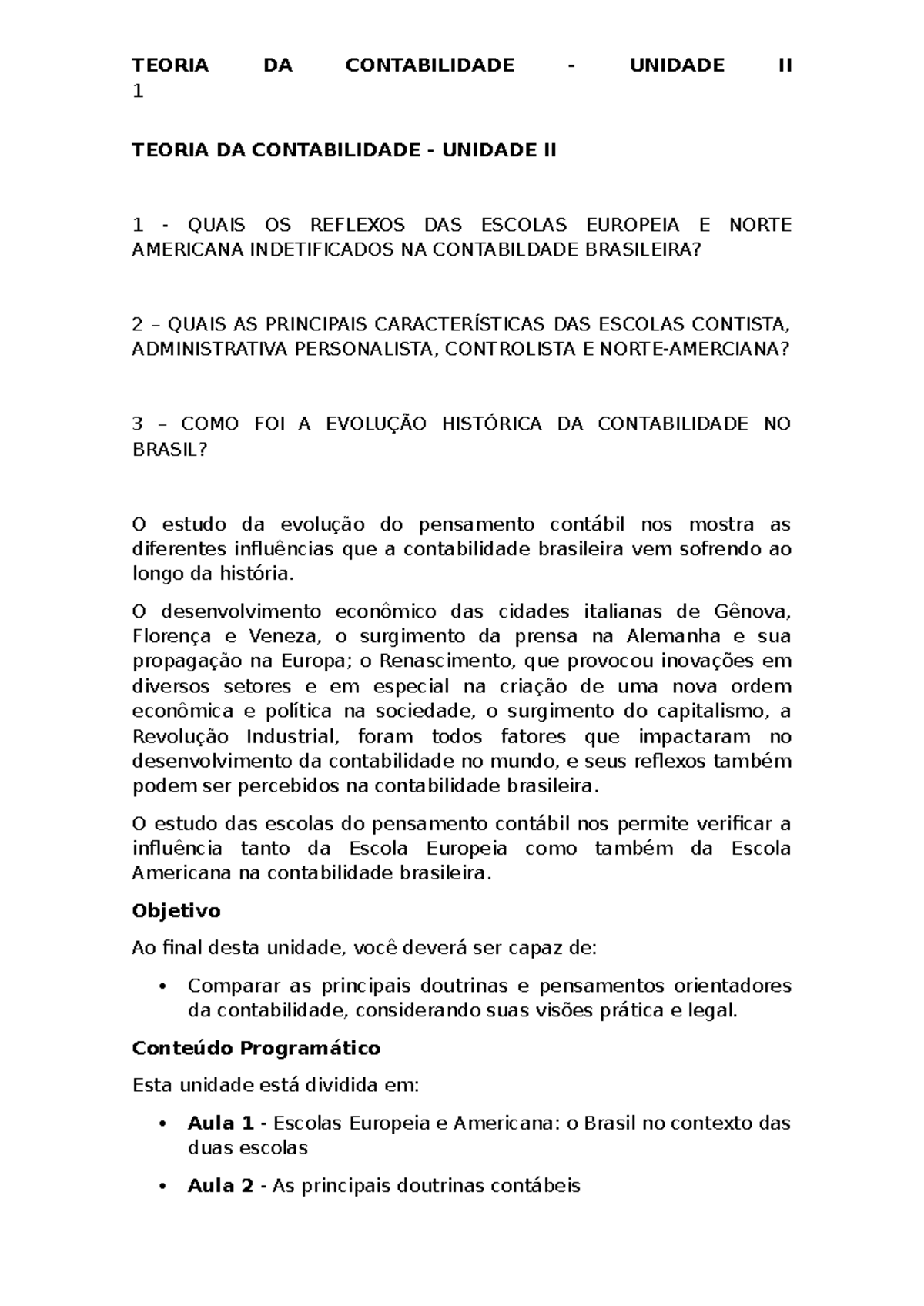 Teoria da Contabilidade - Unidade II: Influências das Escolas na Brasil ...