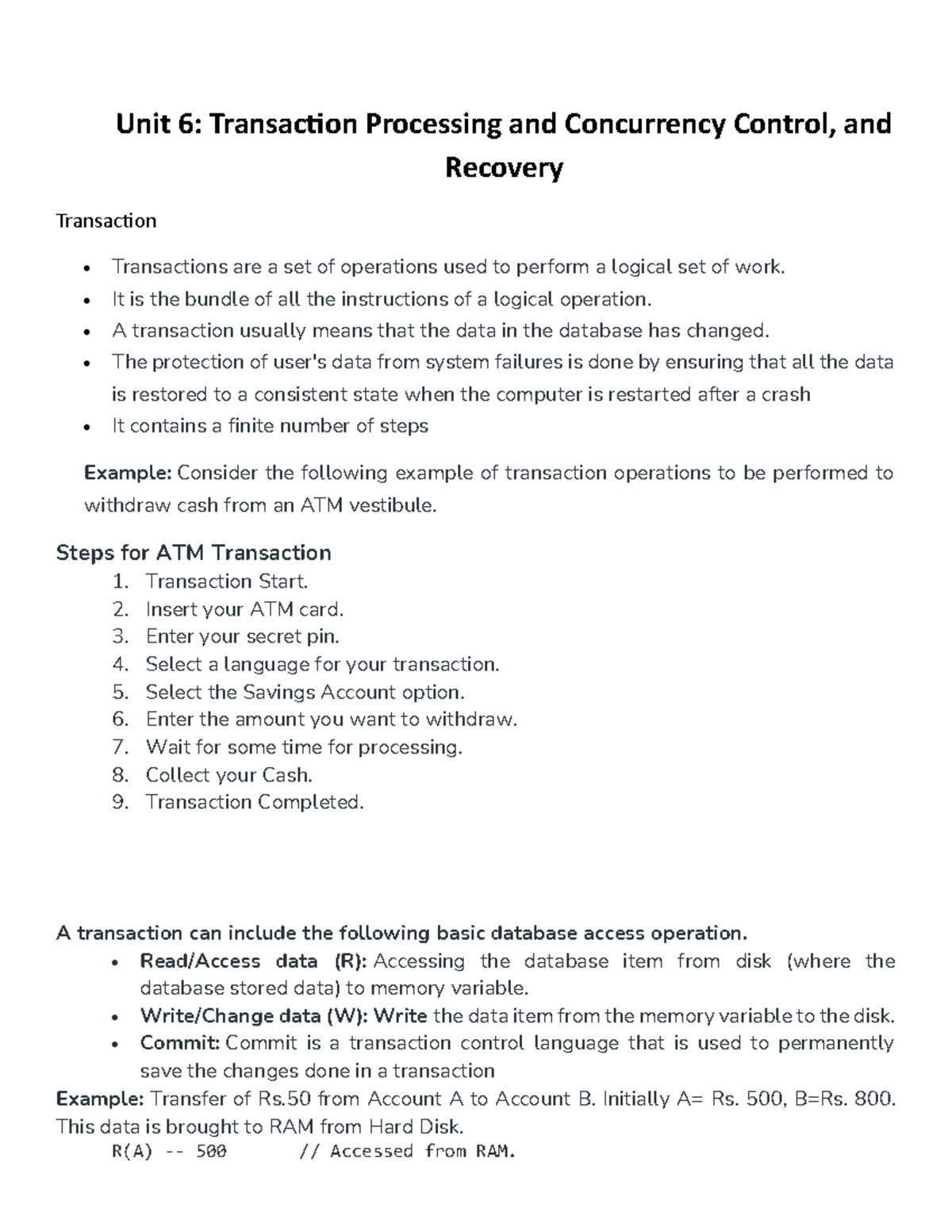Unit 6 Transaction Processing - Unit 6: Transaction Processing and ...