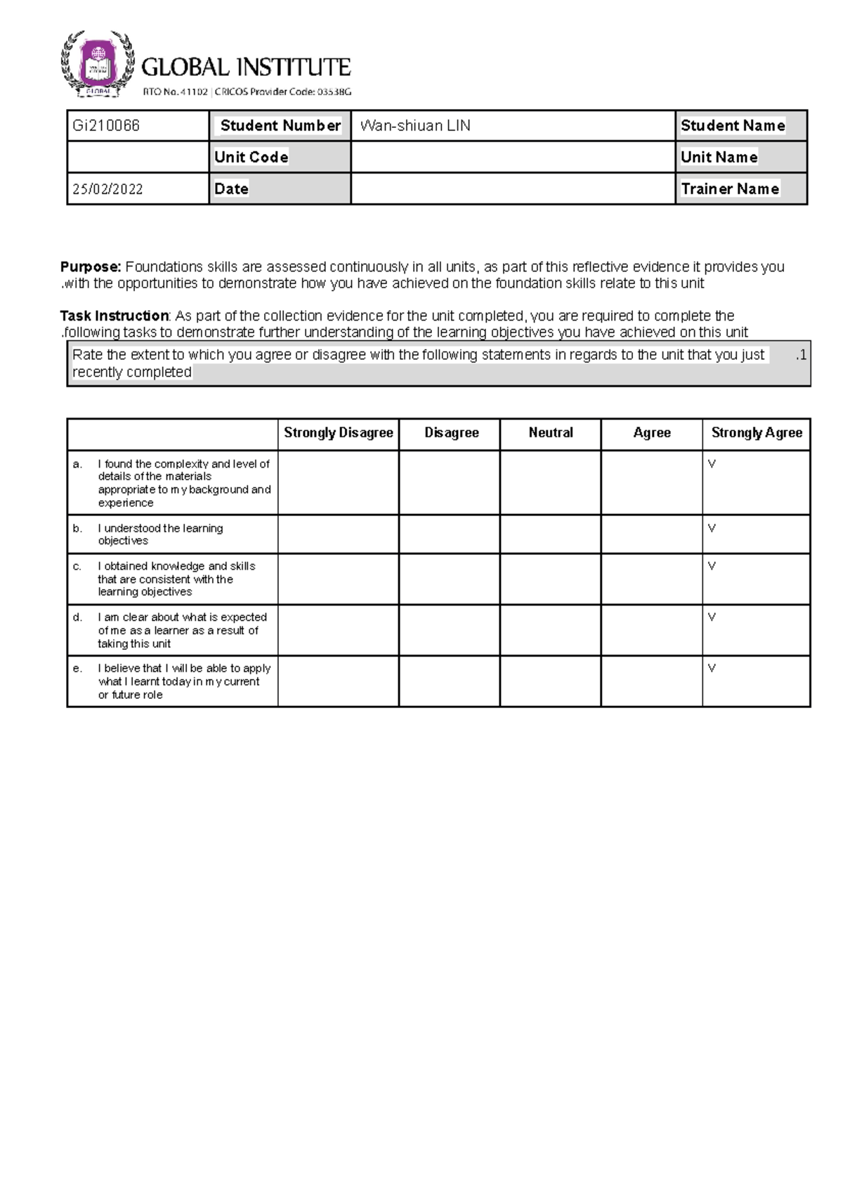 Learner Reflection Evidence Form GI210066 V2 - Completion Insights ...