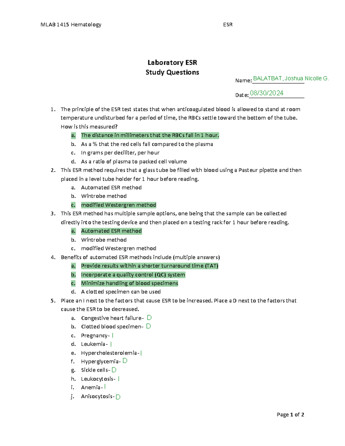 ESR study questions student - MLAB 1415 Hematology ESR Page 1 of 2 ...