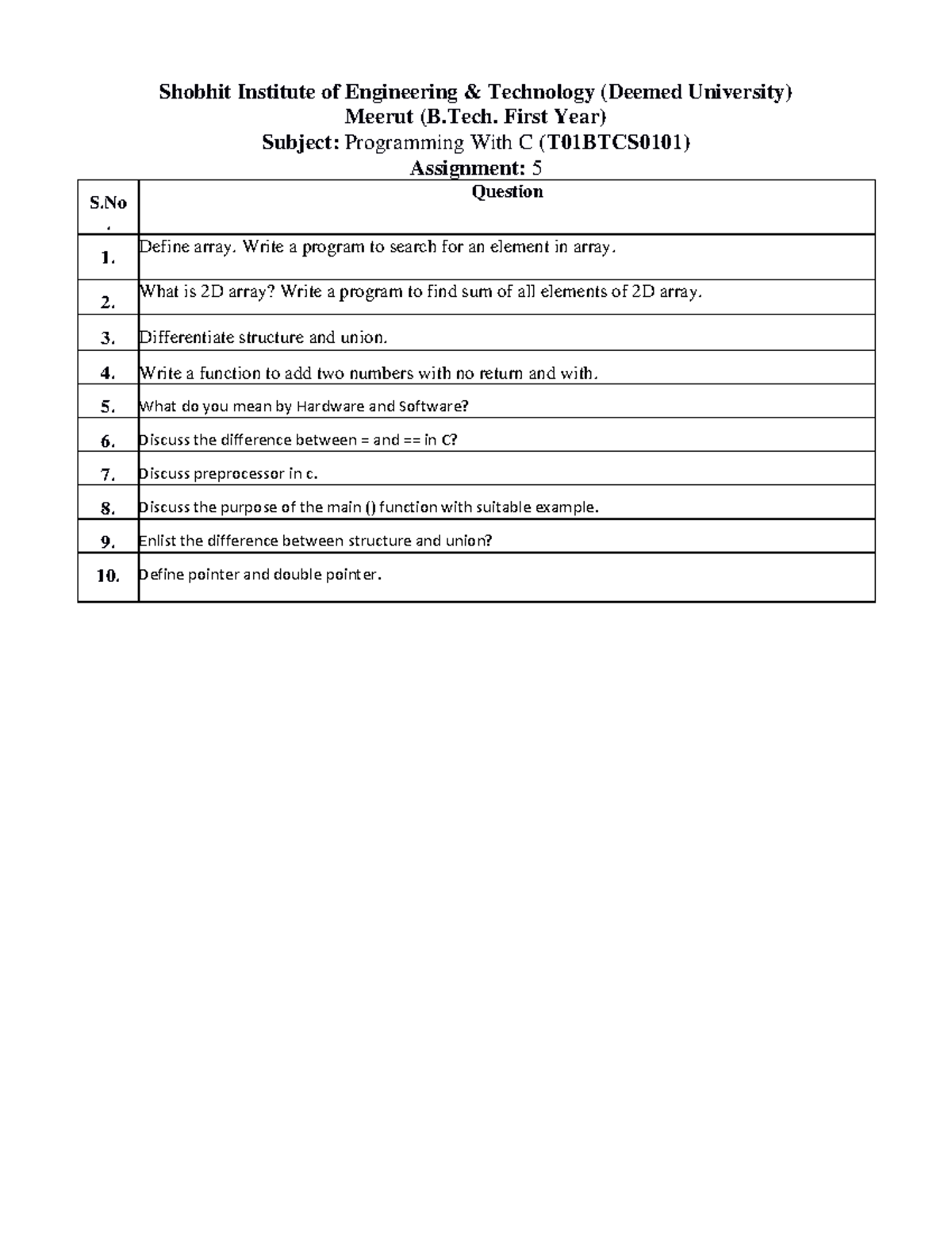 B.Tech. 1st Year C Programming Assignment (T01BTCS0101) - Studocu