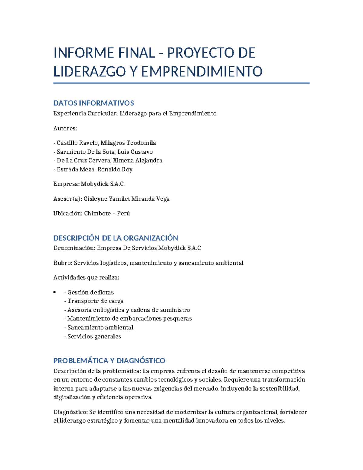 Informe Final Proyecto de Liderazgo y Emprendimiento - Modick S.A.C ...