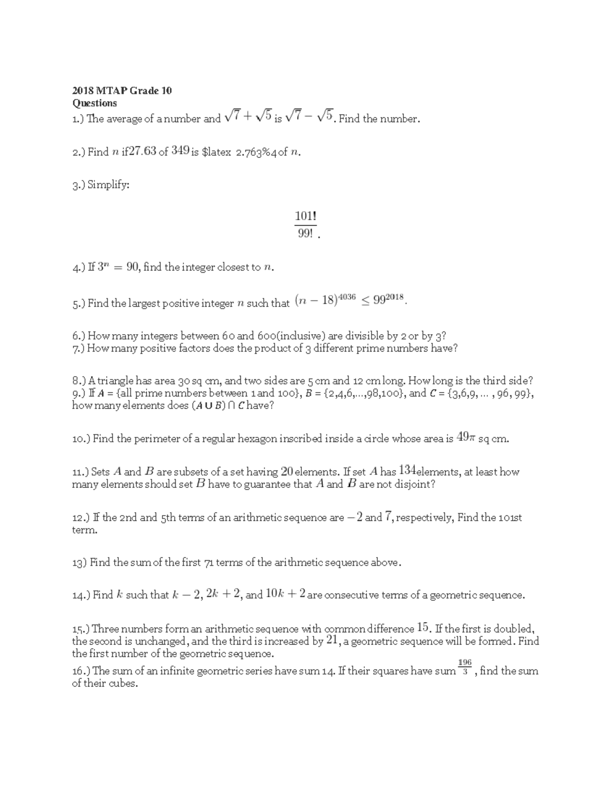 MTAP-10 Grade 10 Math Reviewer: Comprehensive Practice Problems - Studocu