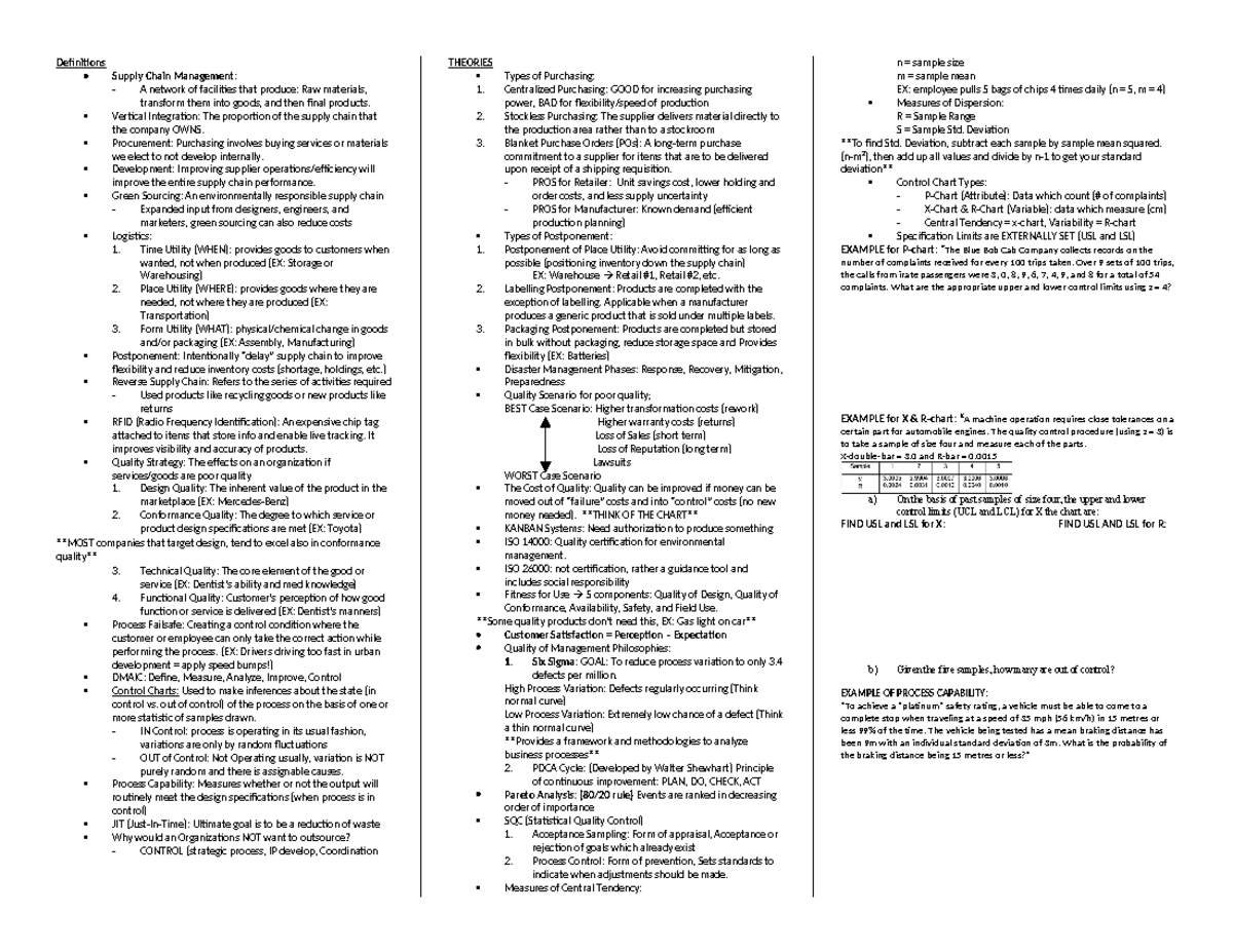 OPMA 301 Cheat Sheet: Key Concepts in Supply Chain Management - Studocu