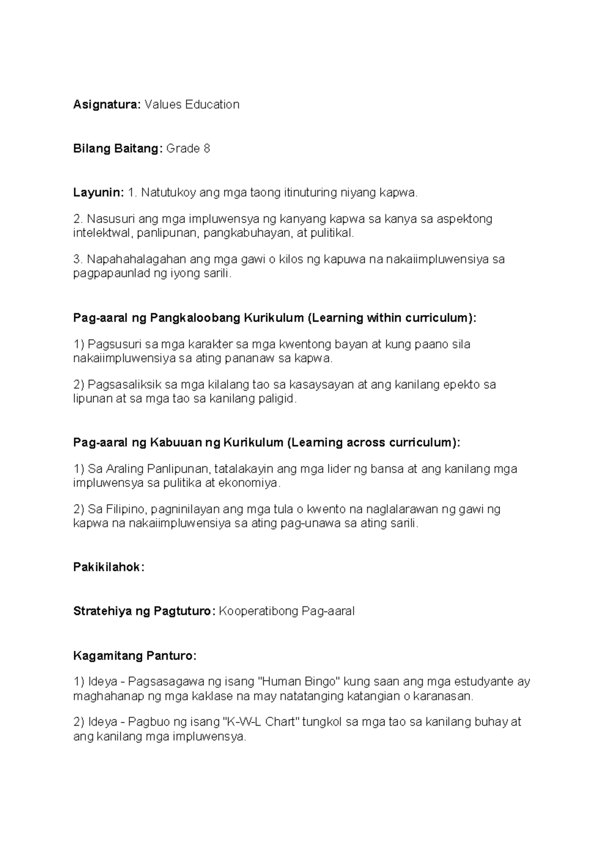 Guide sa Lesson Plan: Values Education (Grade 8) - Studocu