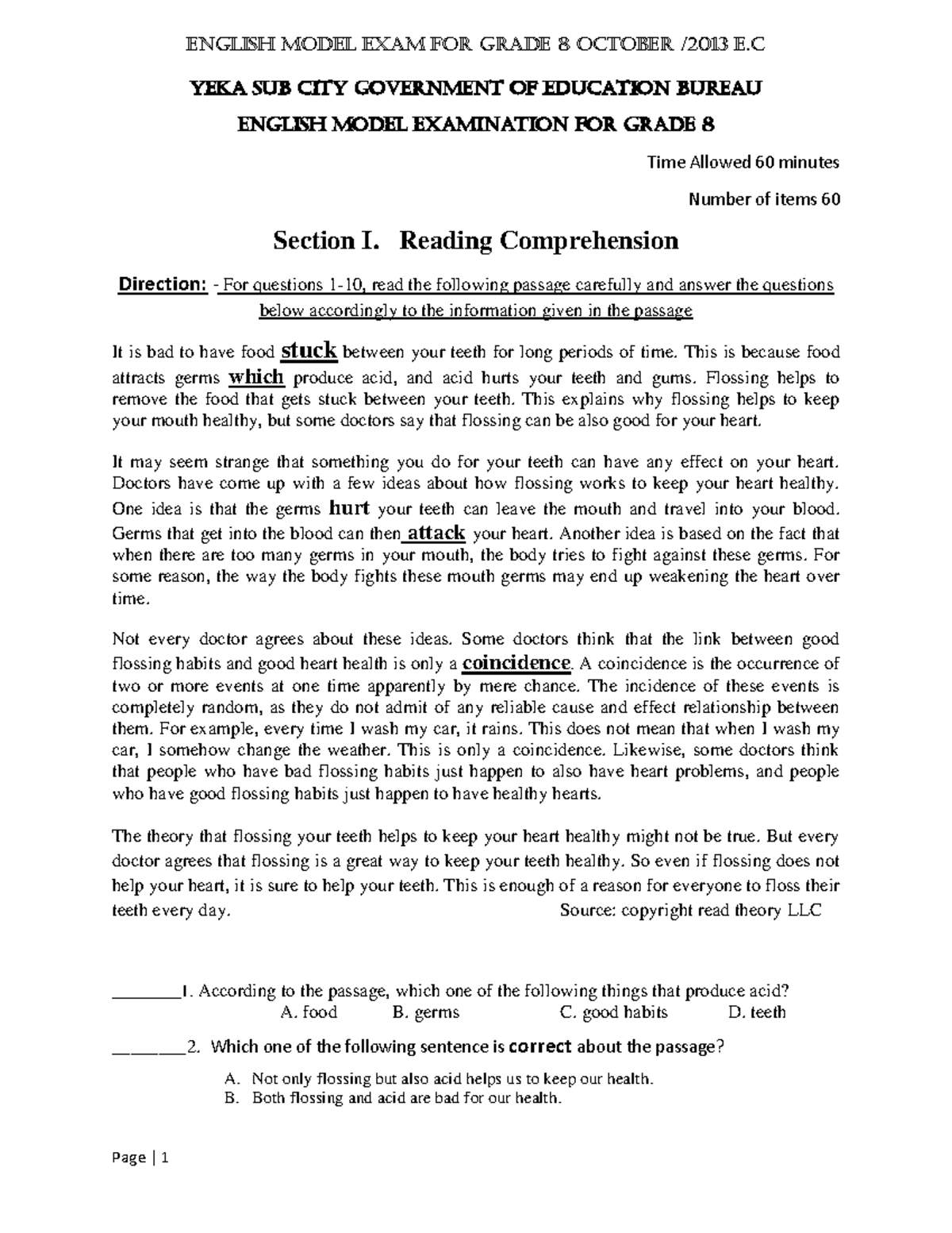 Grade 8 English Model Exam - 3rd Round Evaluation Questions - Studocu