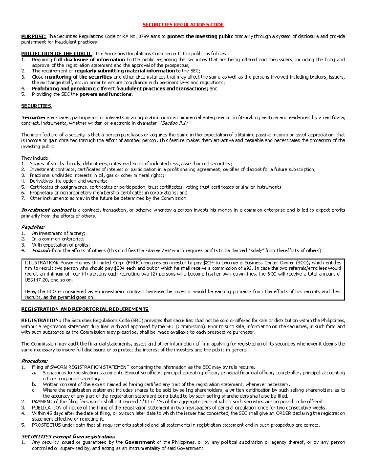 Securities Regulations Code: Key Provisions and Insights - Studocu