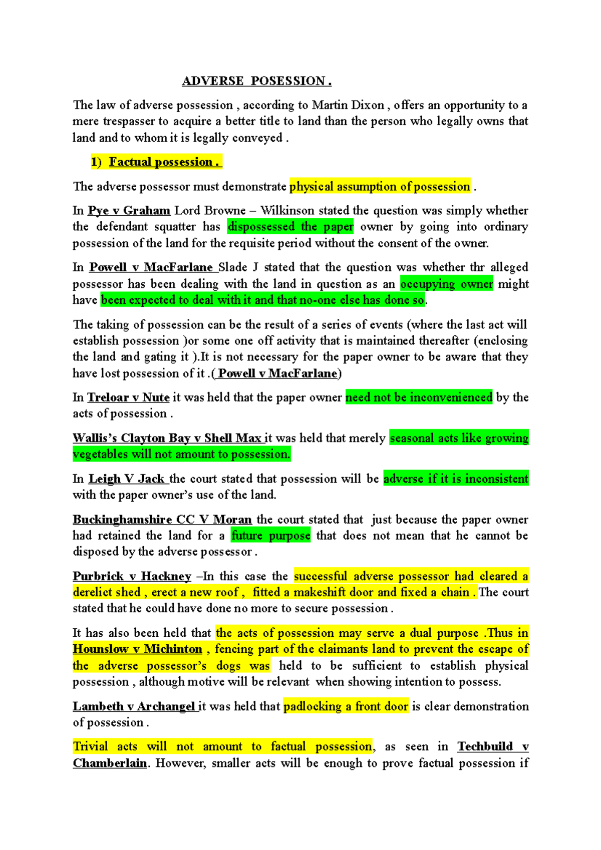 Adverse Possession Law Overview: Final Notes for Study - Studocu