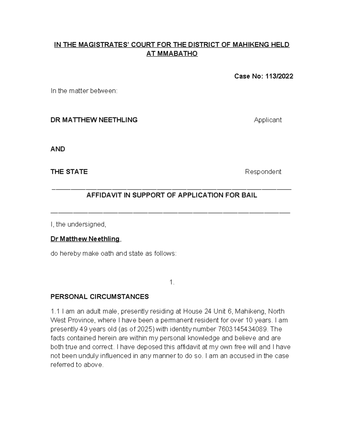 Bail Application Affidavit - Case No: Mahikeng District Court - Studocu