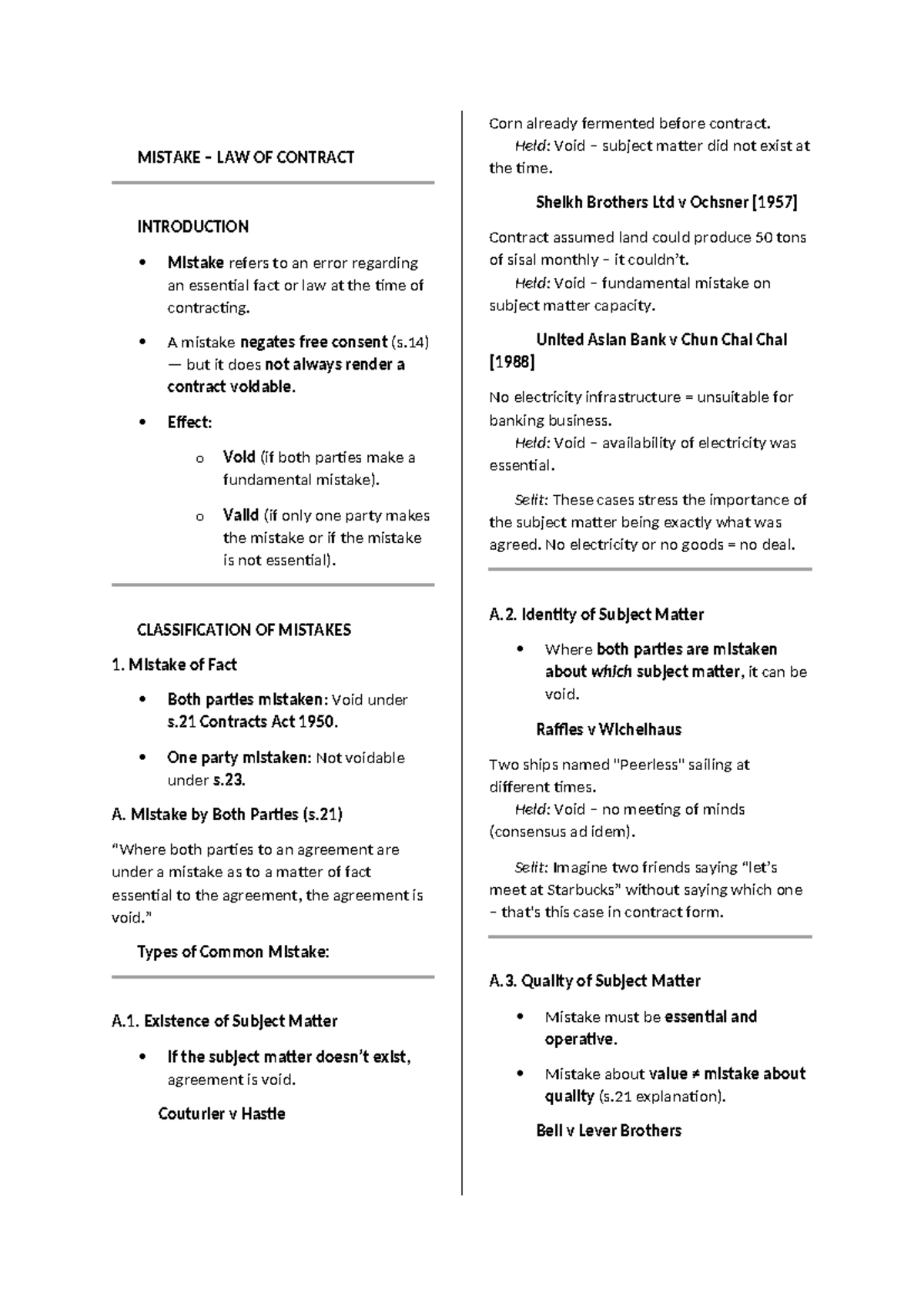 Mistake - NOTE PERSONALLY MADE BY ME - 📚 MISTAKE – LAW OF CONTRACT 🔹 ...