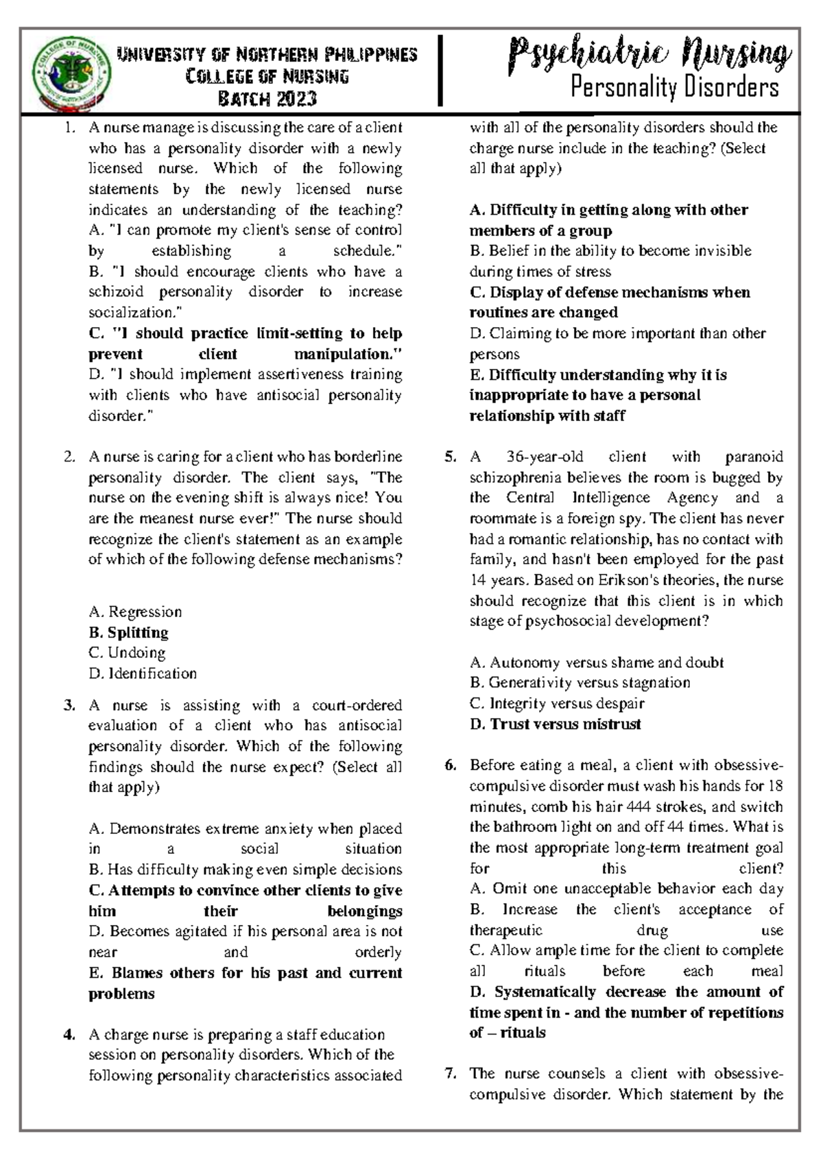Case Study on Personality Disorders in Nursing Care (NUR 2023) - Studocu