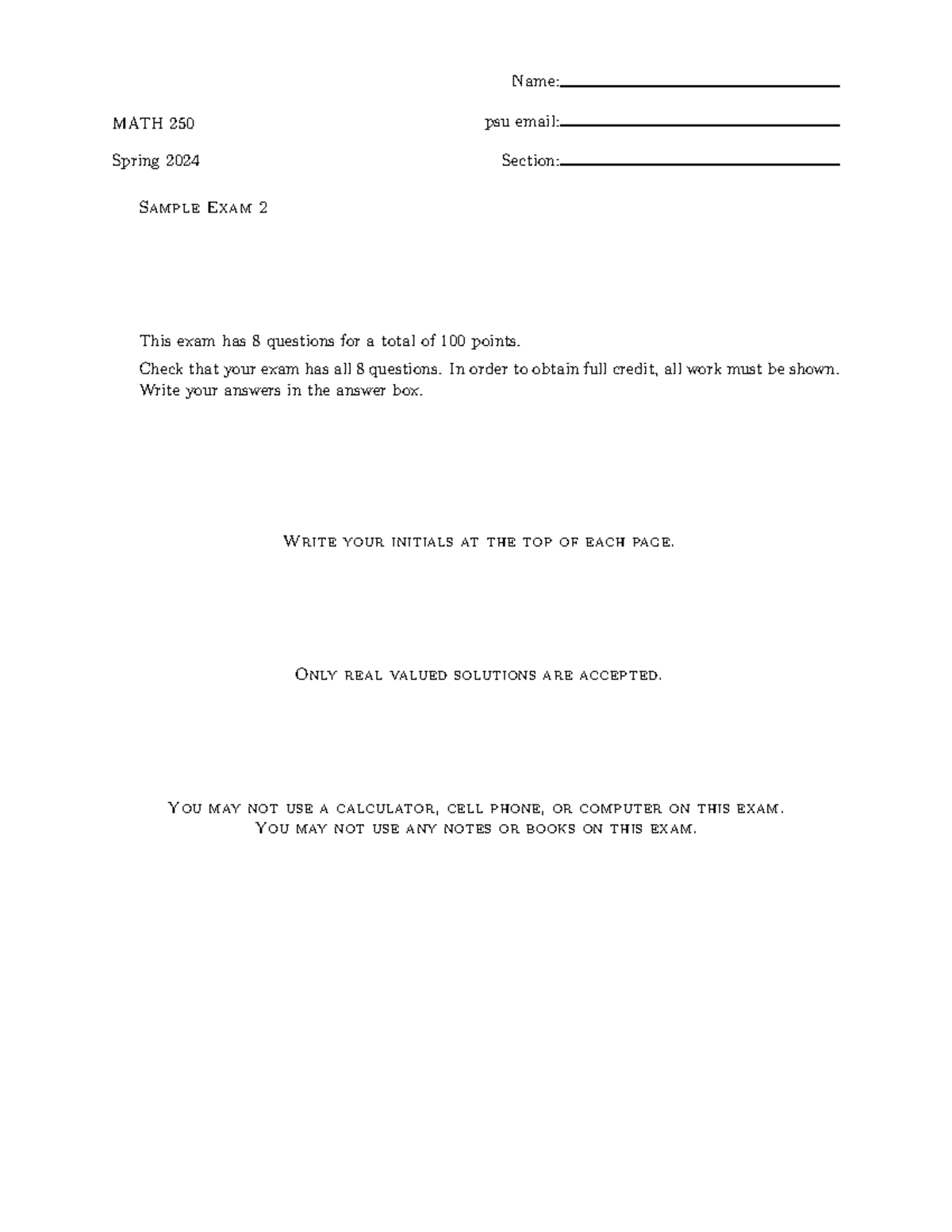 MATH 250 Sample Exam 2 - Spring 2024 Guide and Solutions - Studocu