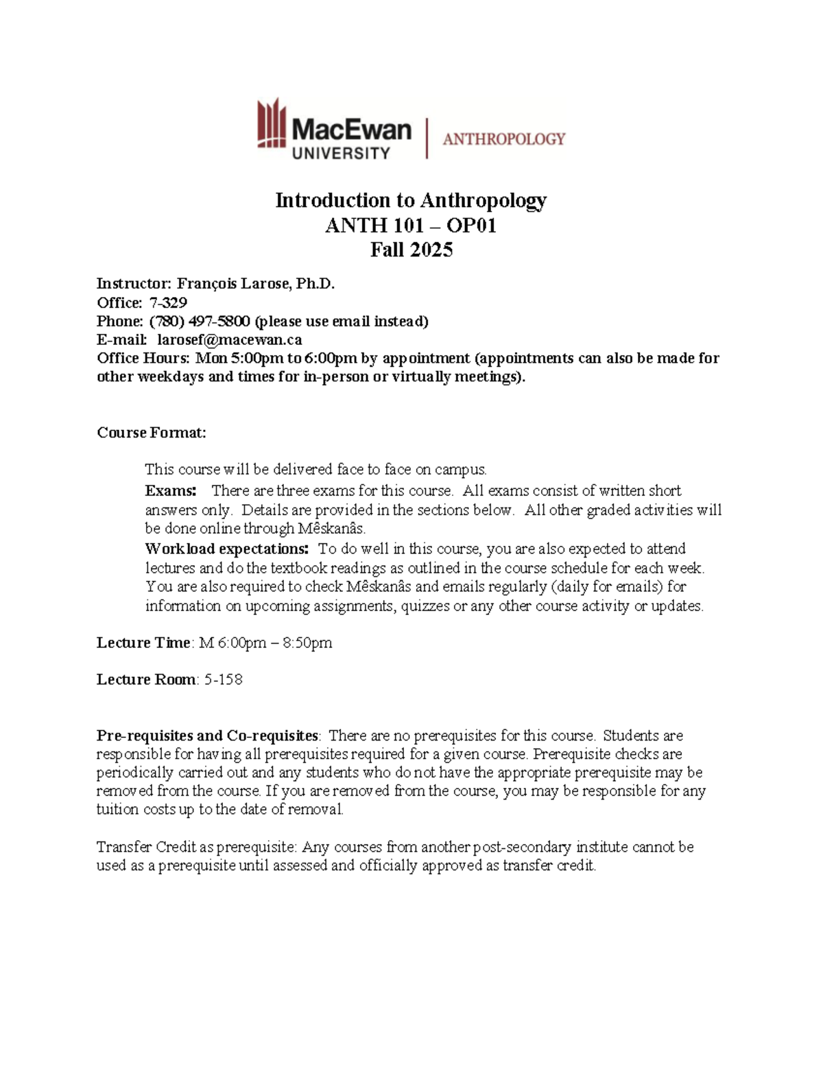 Introduction to Anthropology ANTH 101 OP01 Course Outline Fall 2025 ...