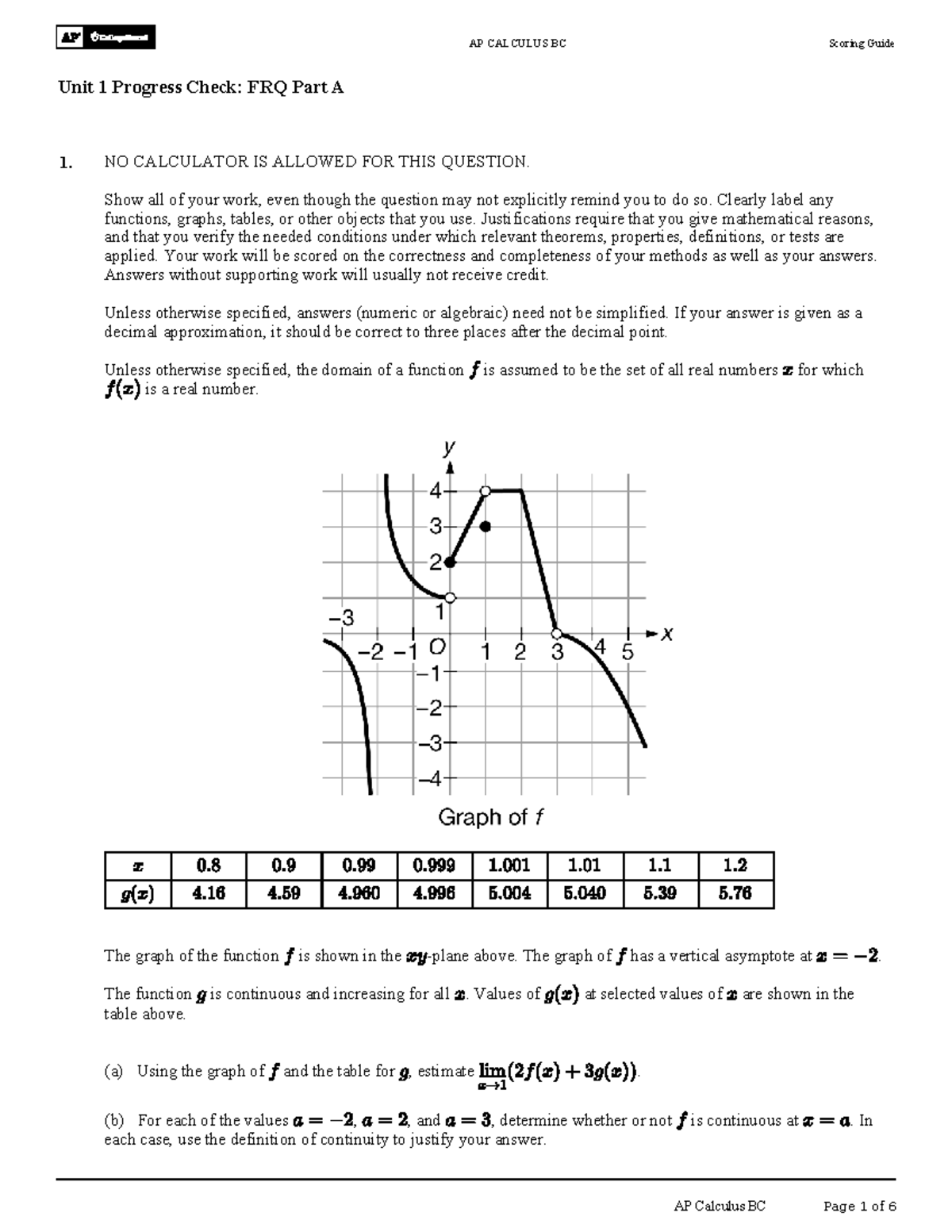 AP CALCULUS BC Unit 1 Progress Check: FRQ Part A Scoring Guide - Studocu