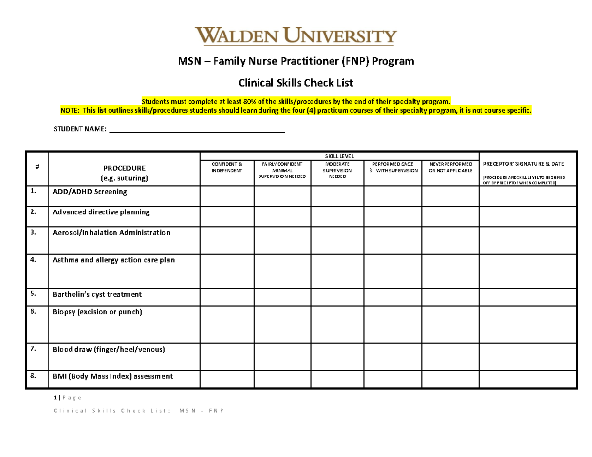 FNP Clinical Skills Checklist for Student Proficiency Assessment - Studocu