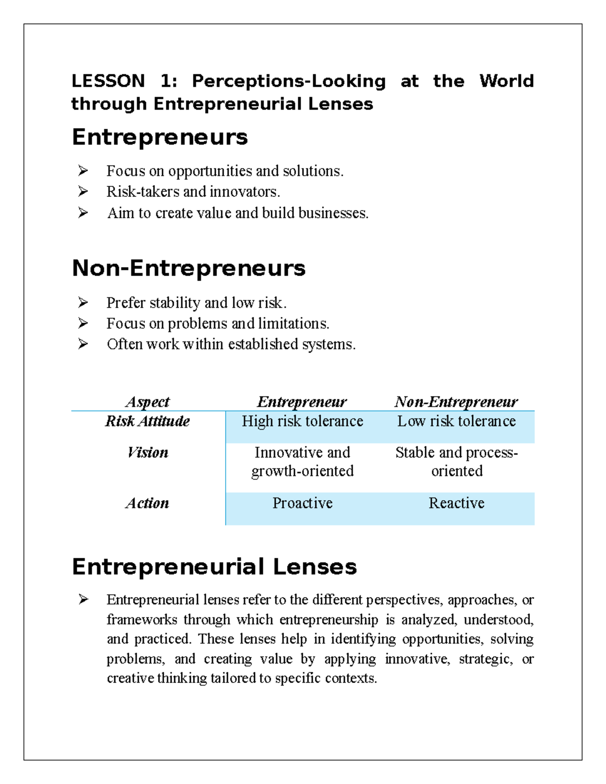 Lesson 1: Perceptions-Looking at the World through Entrepreneurial ...