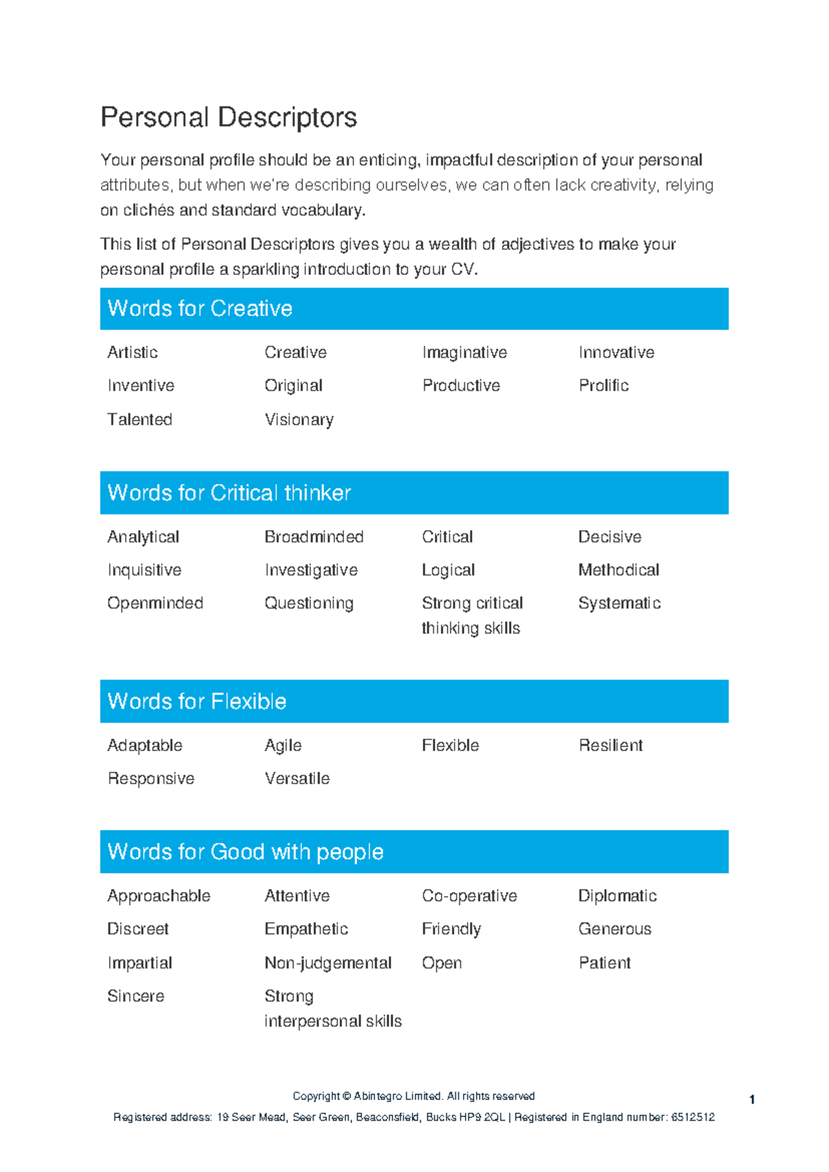 Personal Descriptors: Enhance Your CV with Creative Adjectives - Studocu