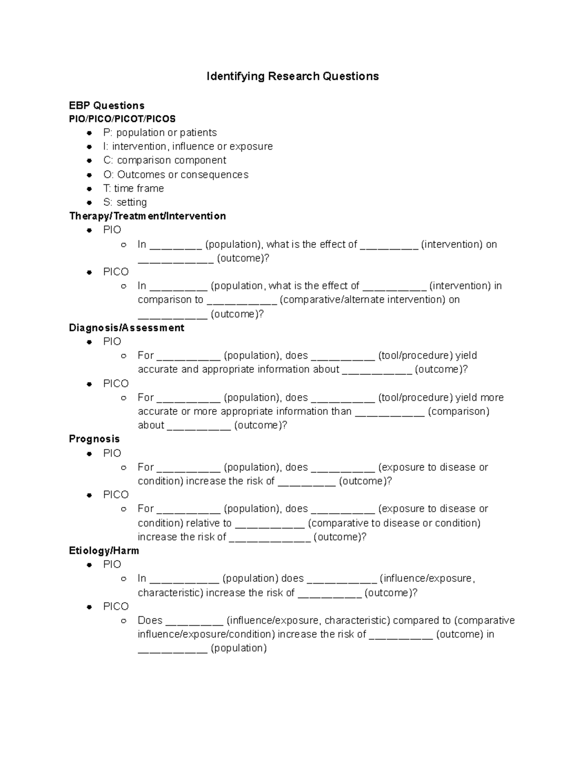 Identifying EBP Research Questions: PICO/PIO Framework Overview - Studocu