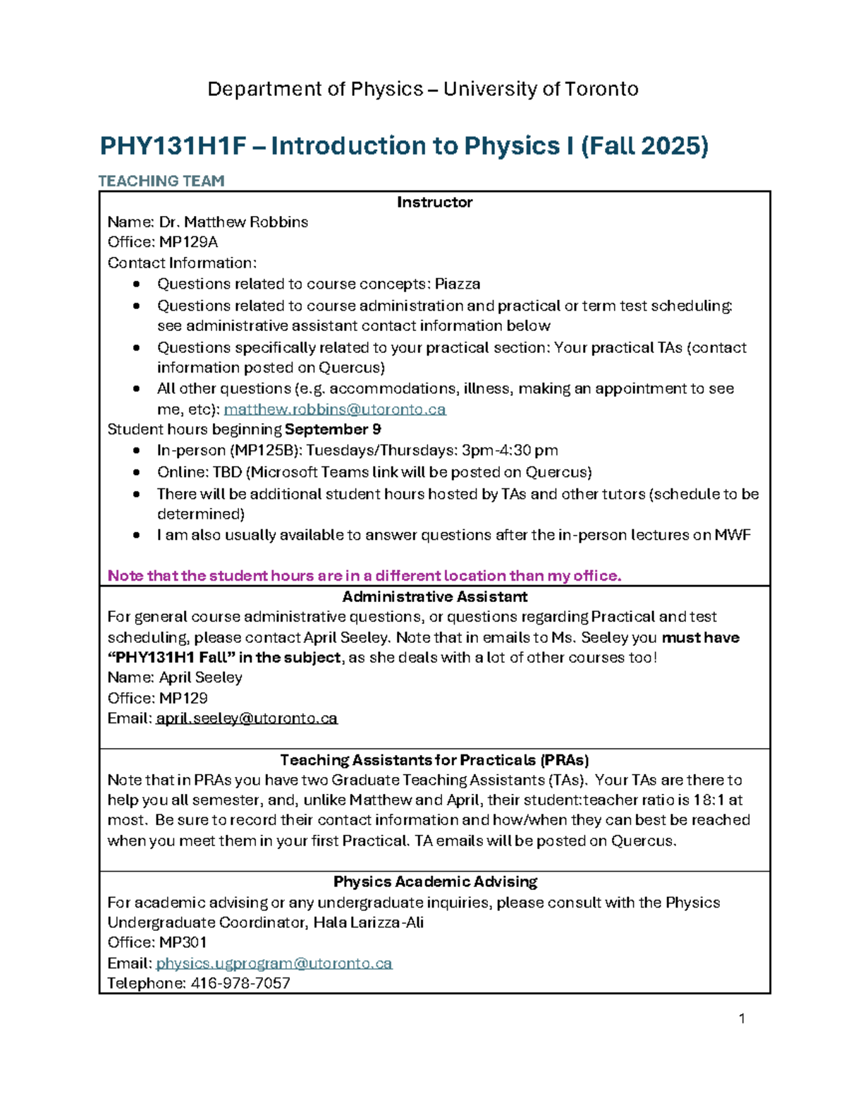 PHY131H1F Syllabus: Introduction to Physics I (Fall 2025) - Studocu