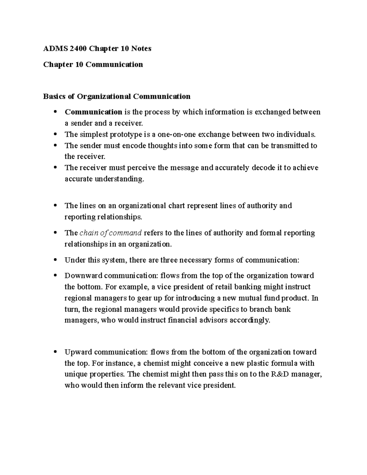ADMS 2400 Chapter 10 Notes: Communication Basics in Organizations - Studocu