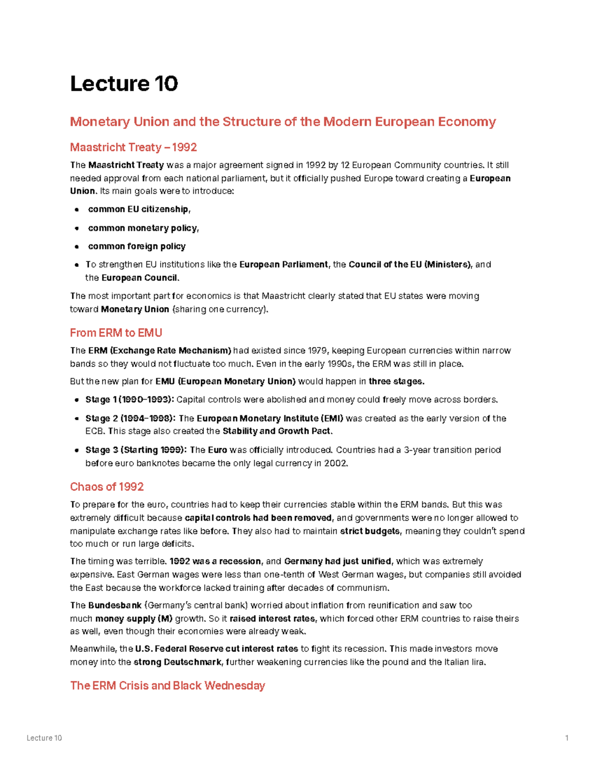 Lecture 10 Summary: Monetary Union & Modern European Economy - Studeersnel