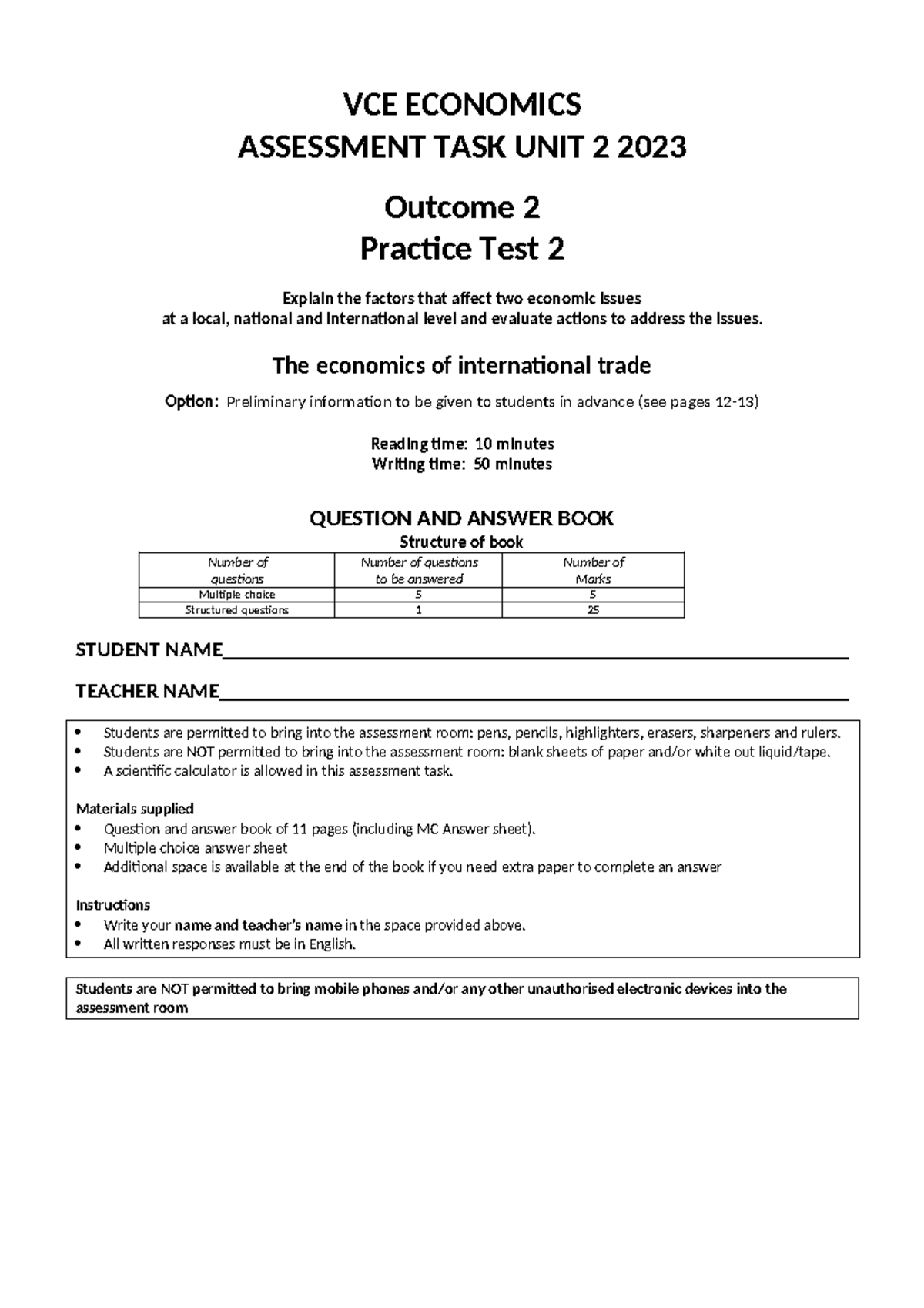 VCE ECONOMICS UNIT 2 2023 Outcome 2 Practice Test on International ...