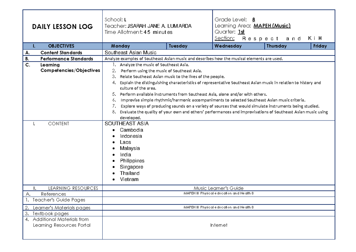 Pdfcoffee - Grade 8 mapeh music 8 1st quarter - DAILY LESSON LOG I ...