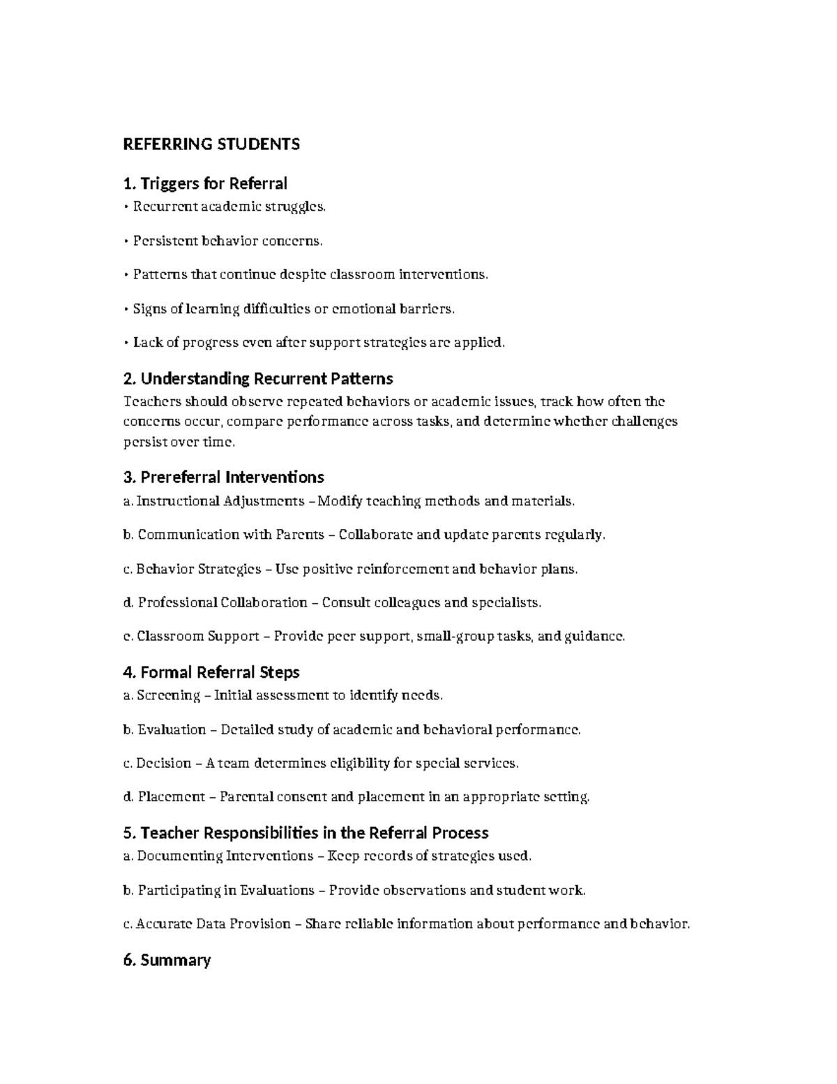 REFERRING STUDENTS: A Guide to Academic and Behavioral Interventions ...