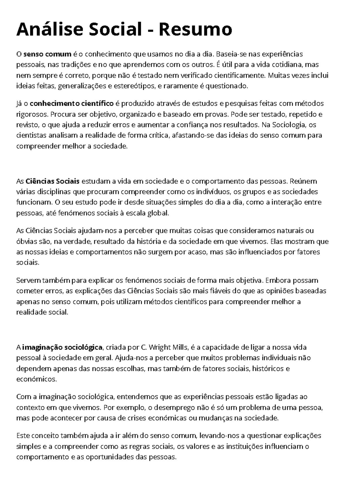 Análise Social - Resumo das Ciências Sociais e Senso Comum - Studocu